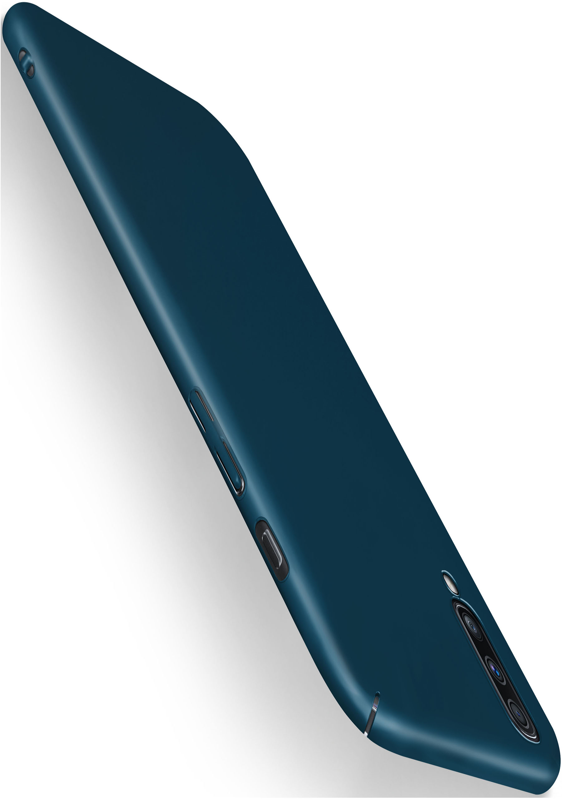 Dunkelblaue Handyhülle mit Kamera und Knöpfen. Einfarbig, schlichtes Design, schräge Ansicht.