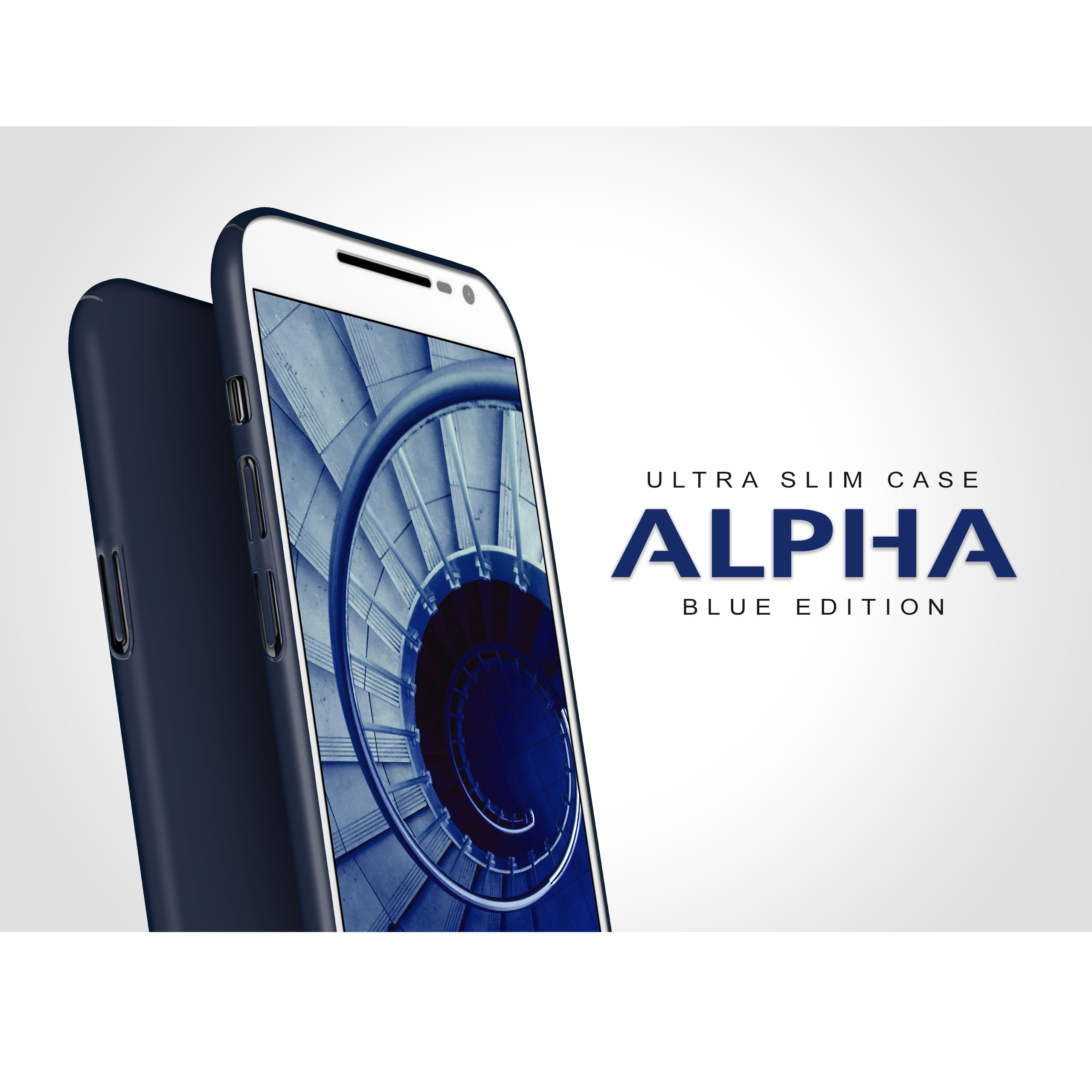 Blaue Handyhülle mit blauem Spiralhintergrund, Text: ALPHA BLUE EDITION.