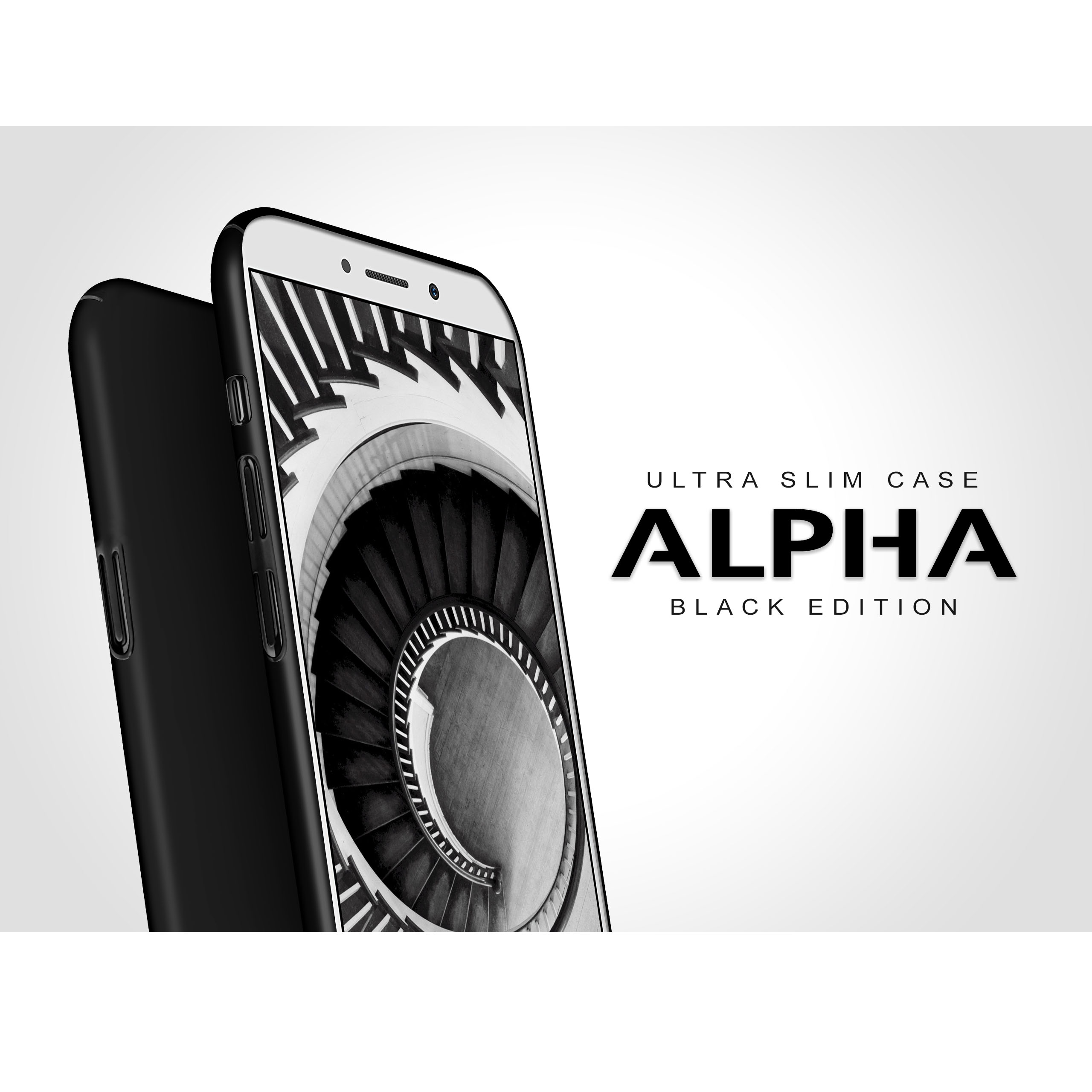 Eine schwarze Handyhülle auf weißem Hintergrund mit dem Text "ALPHA BLACK EDITION" und einem Bild einer Wendeltreppe.