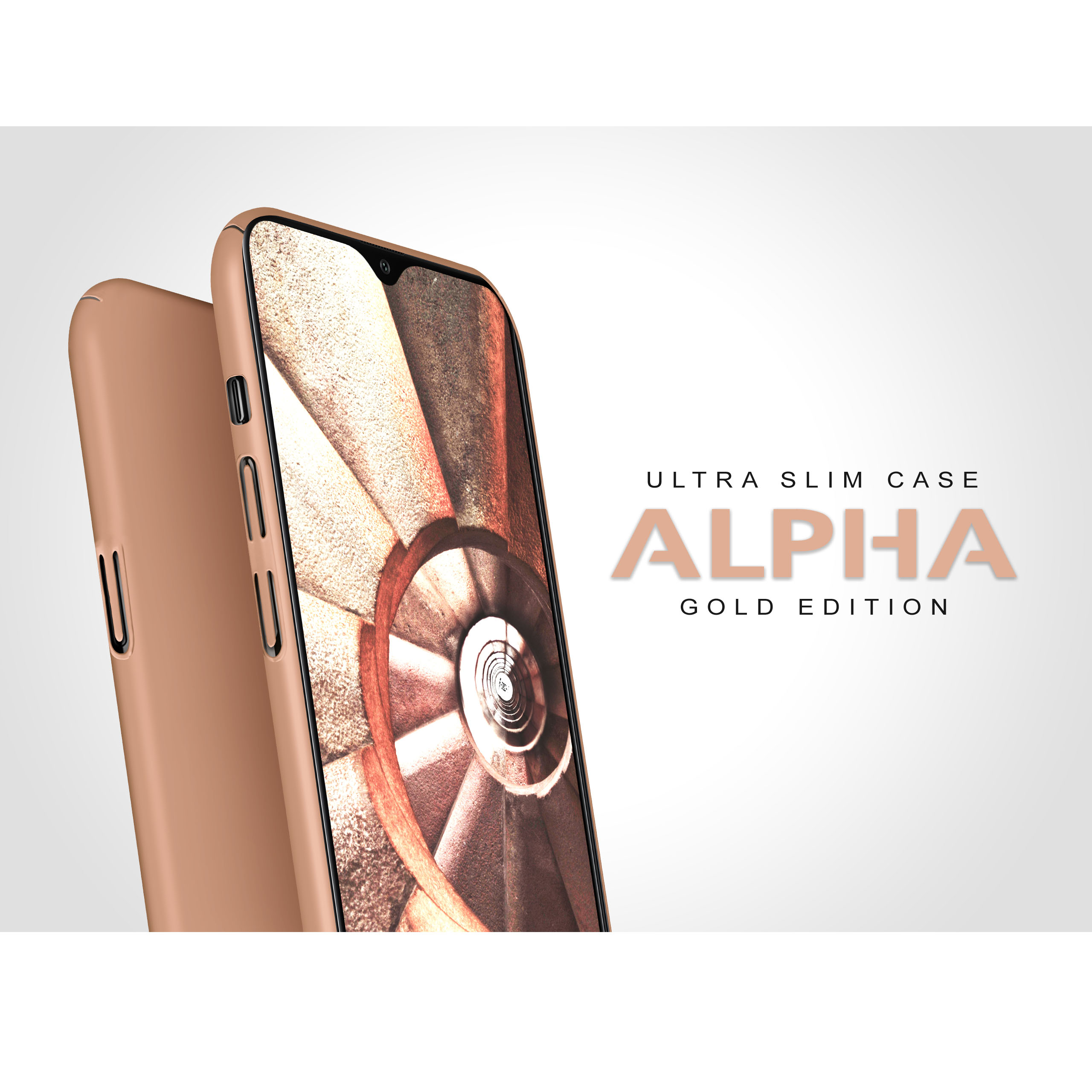 Goldene Handyhülle mit hellem Hintergrund und dem Wort ALPHA.
