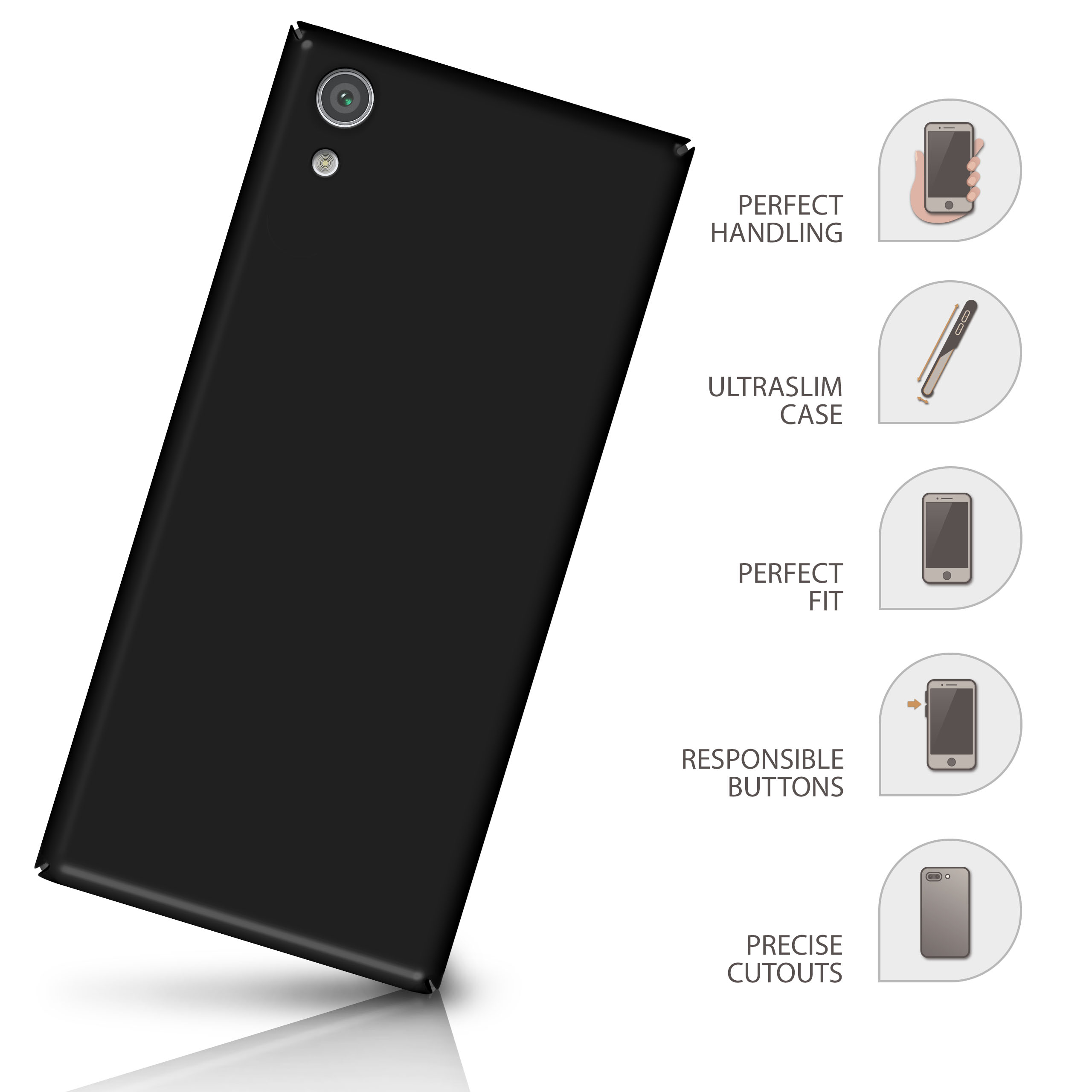 Schwarze Handyhülle mit Telefon darin. Weißer Hintergrund mit Symbolen. Das Telefon zeigt nach oben.