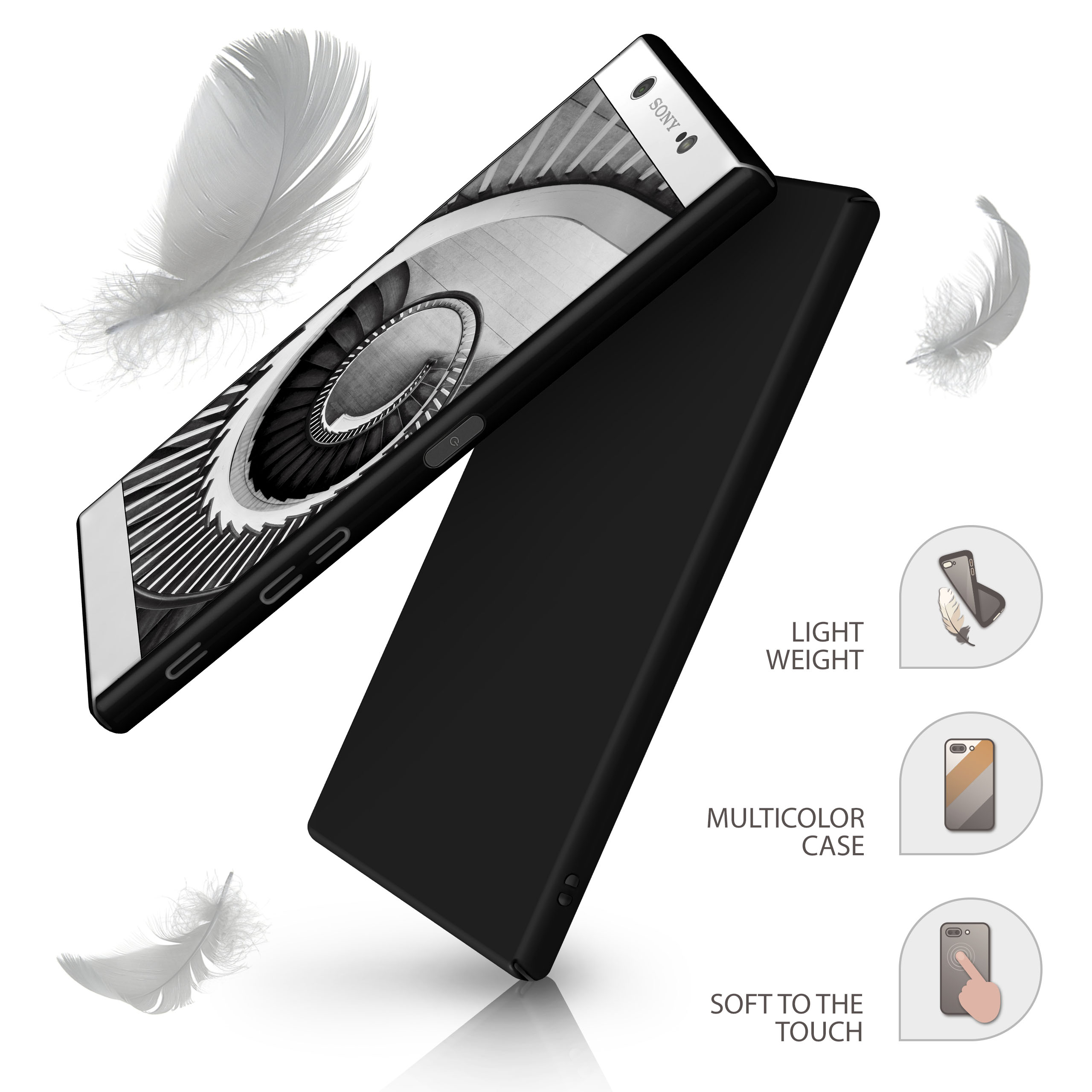 Ein schwarzes Telefon mit einer schwarzen Hülle. Das Telefon und die Hülle sind mit Federn in der Luft.