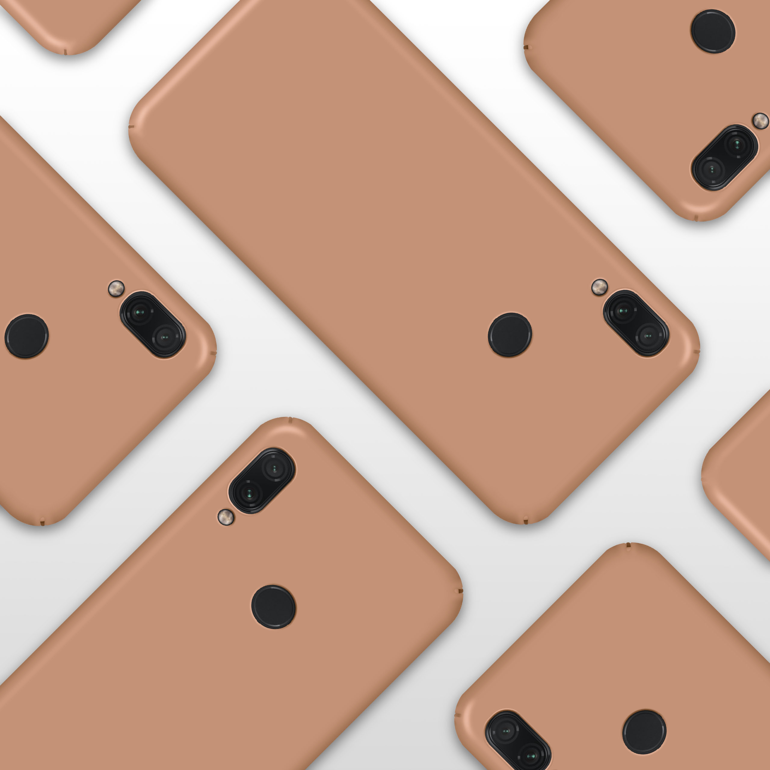 Mehrere beige Handyhüllen auf weißem Untergrund, mit Kameraausschnitten.
