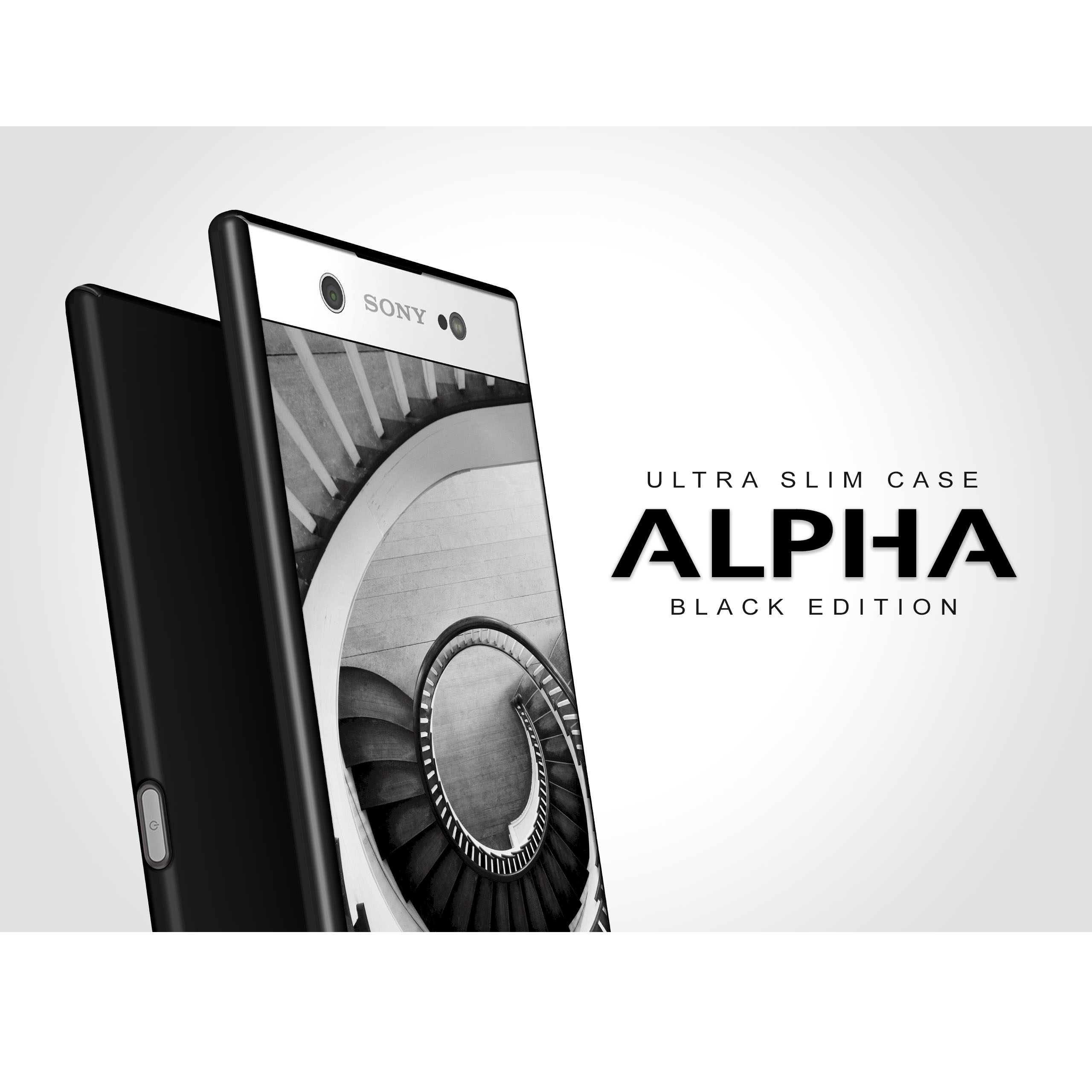 Schwarze Handyhülle mit Wendeltreppen-Bild. Ultra schlanke Alpha Black Edition. Weißer Hintergrund.