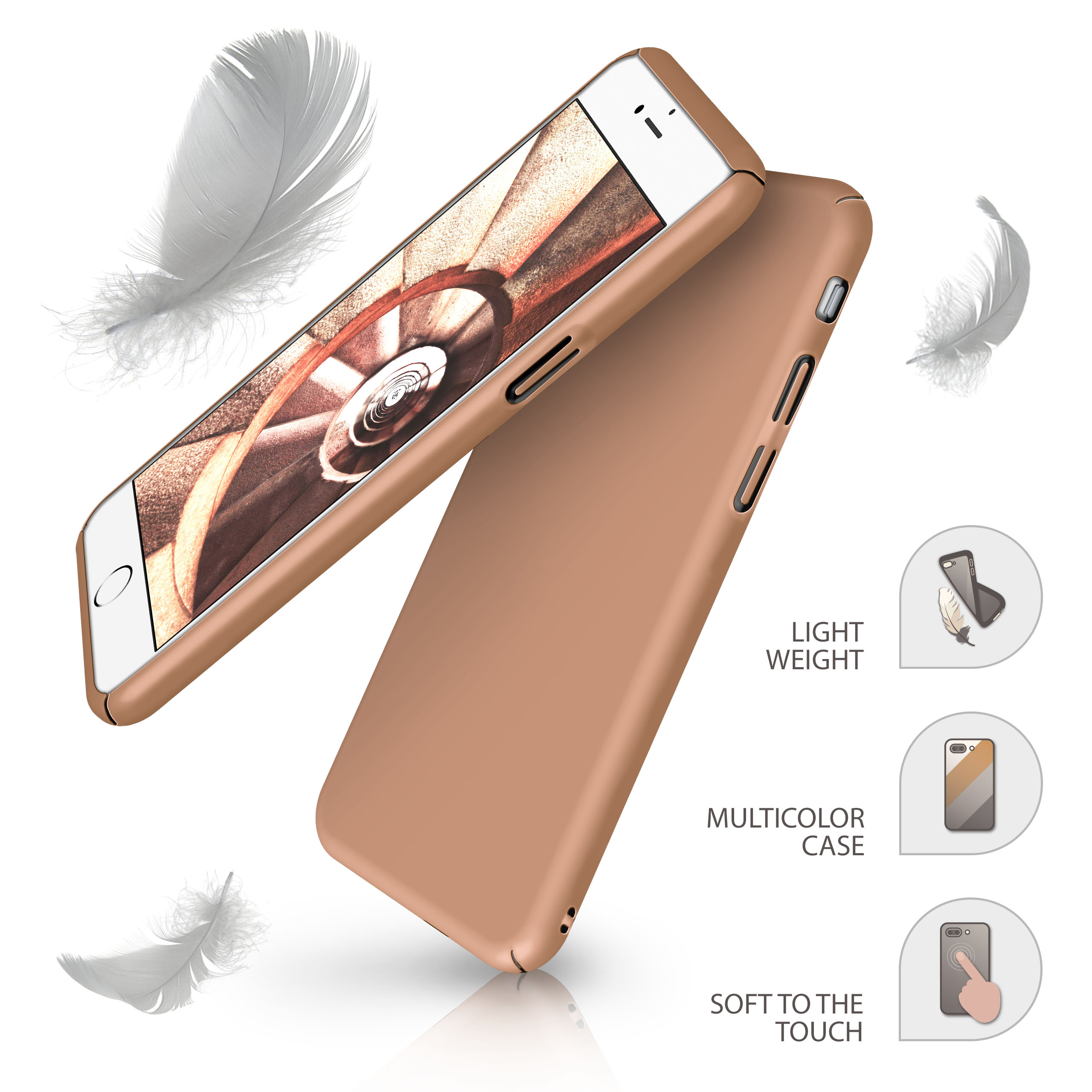 Eine braune Handyhülle mit weißen Federn und den Texten "LIGHT WEIGHT", "MULTICOLOR CASE" und "SOFT TO THE TOUCH".