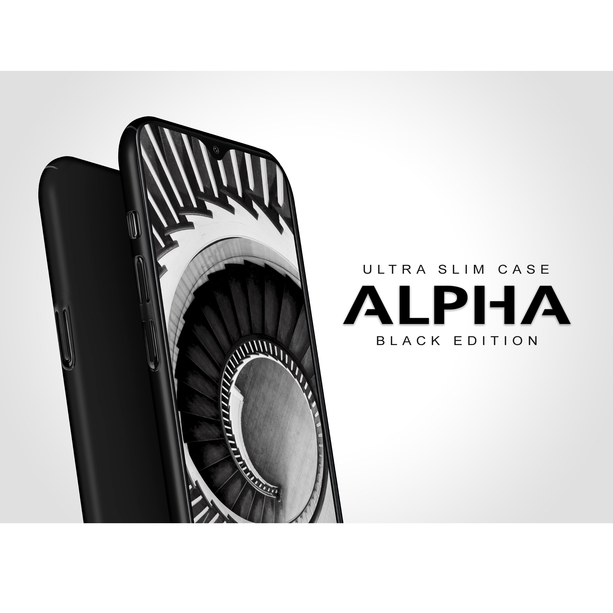 Eine schwarze Handyhülle mit Wendeltreppen-Design, mit dem Text "ALPHA BLACK EDITION".