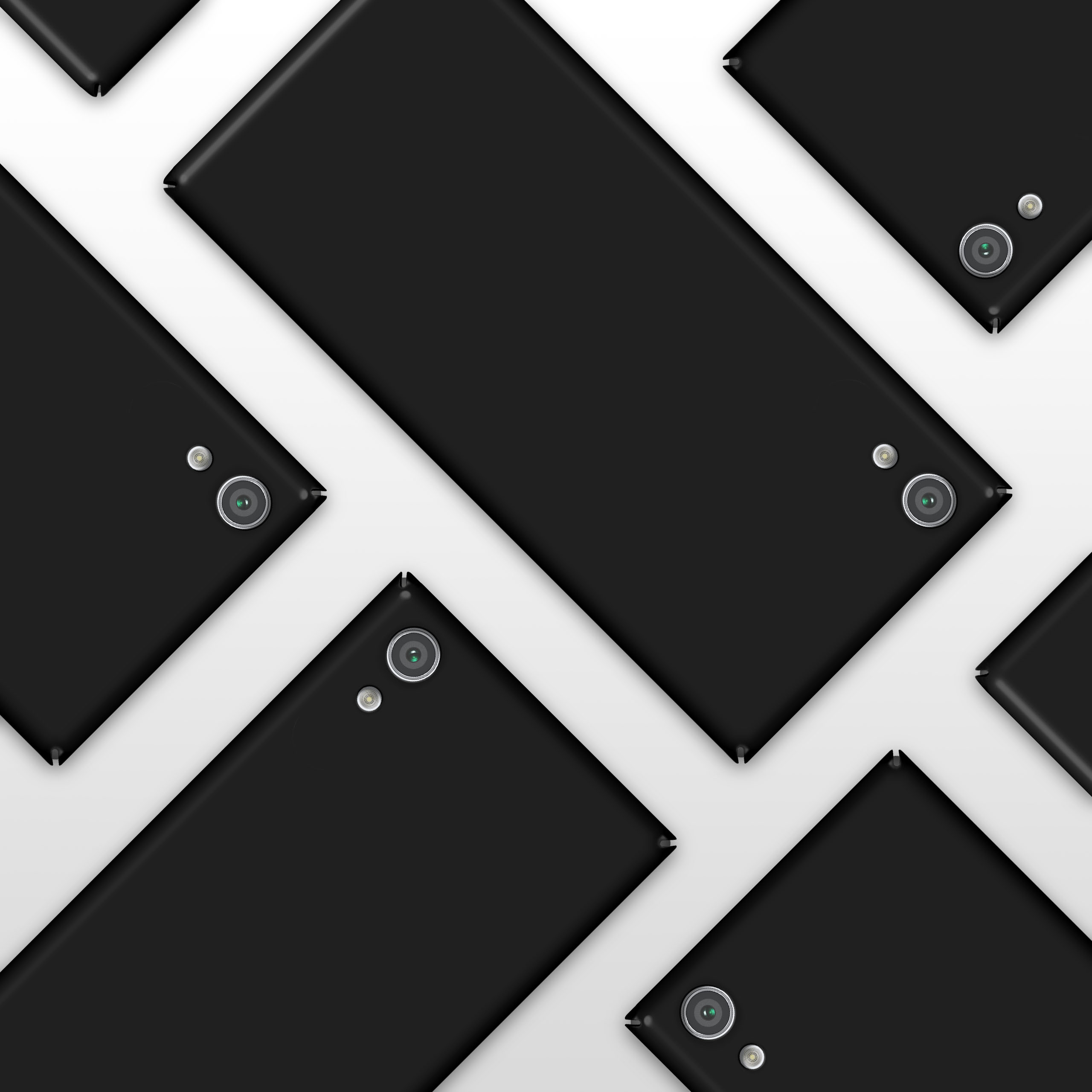 Mehrere schwarze Telefone mit Kameras, die in einem sich wiederholenden Muster auf weißem Hintergrund angeordnet sind.