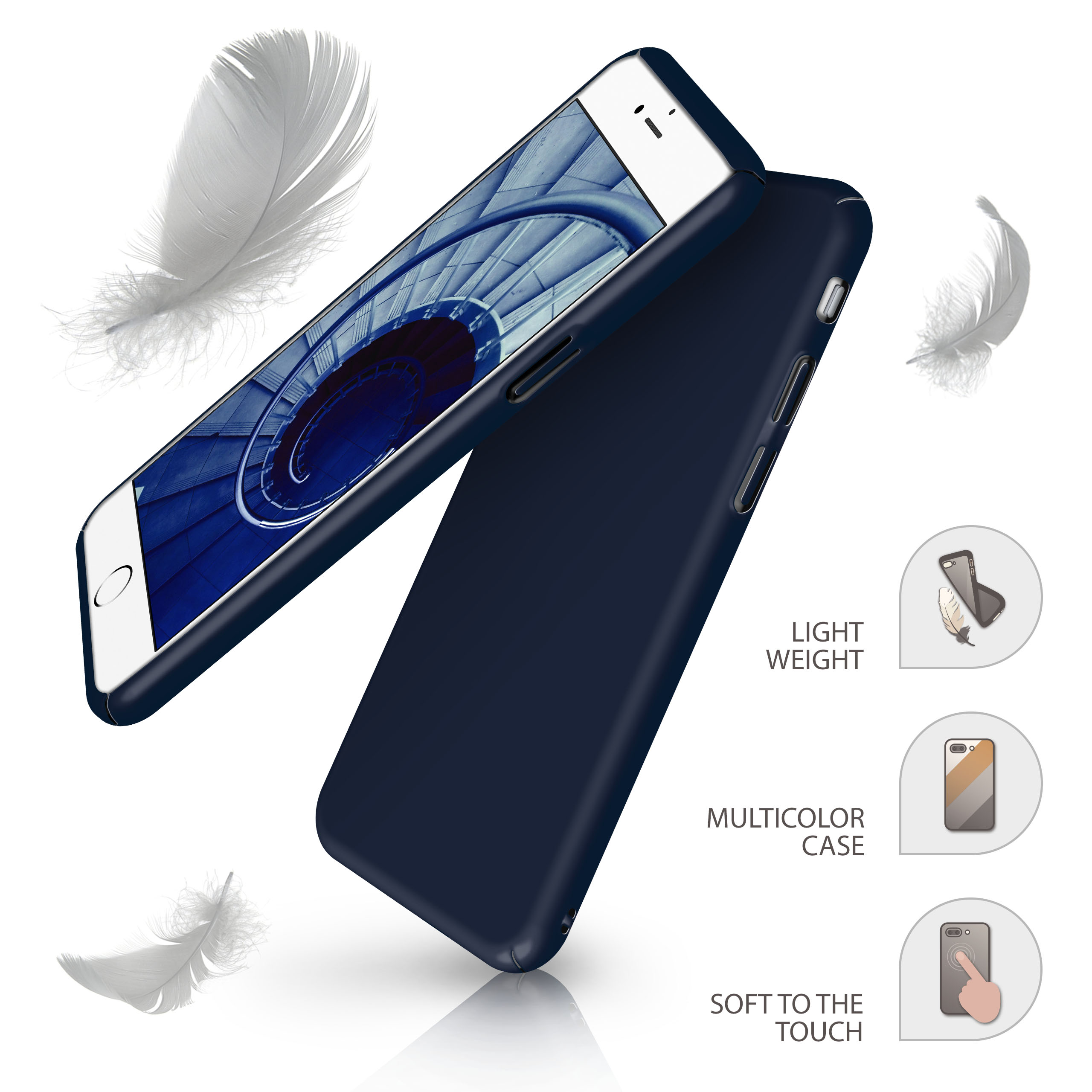 Ein Telefon und eine Hülle mit blauem Rücken und Federn. Es steht 'leicht', 'mehrfarbige Hülle'.