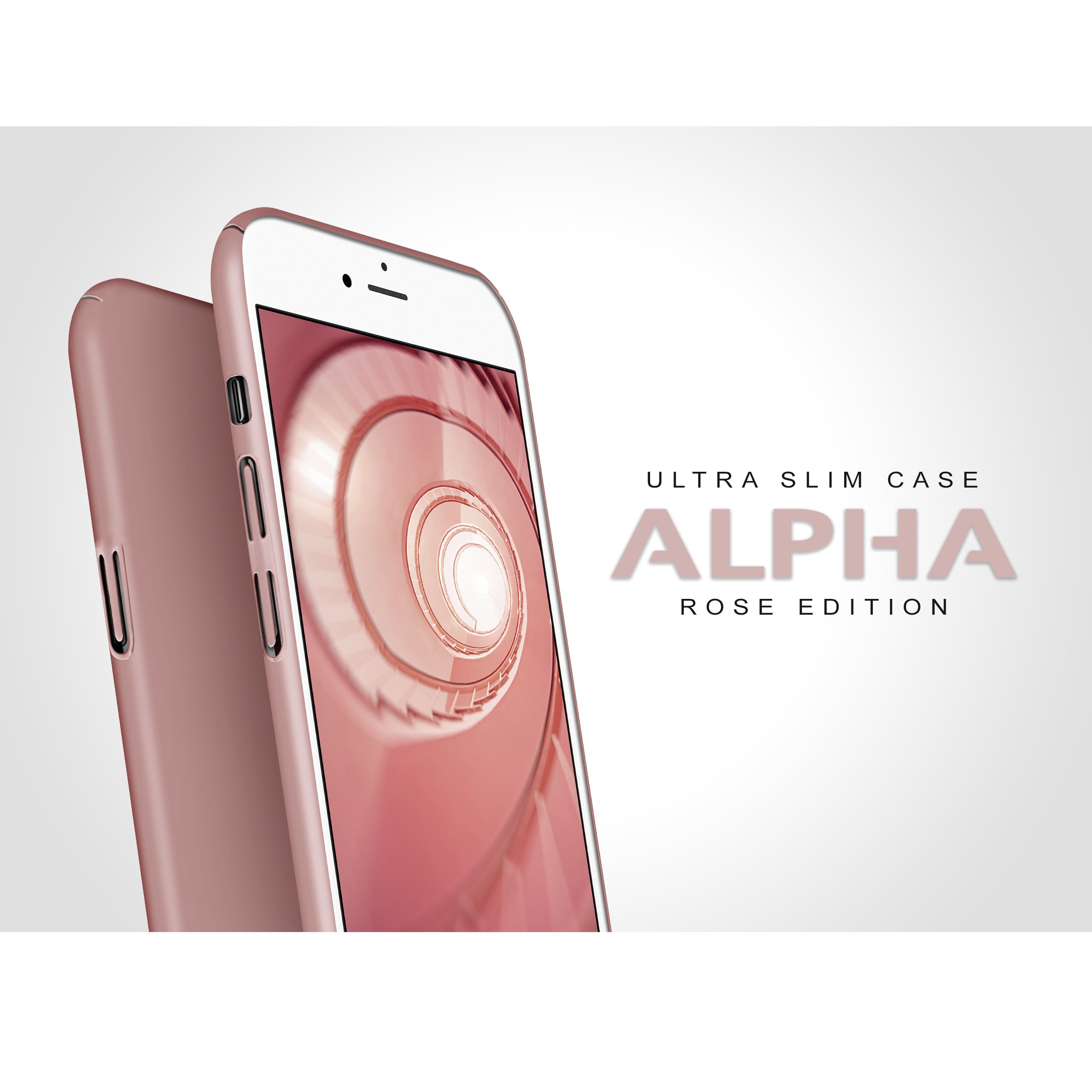 Eine rosafarbene Handyhülle mit dem Text: ALPHA ROSE EDITION.