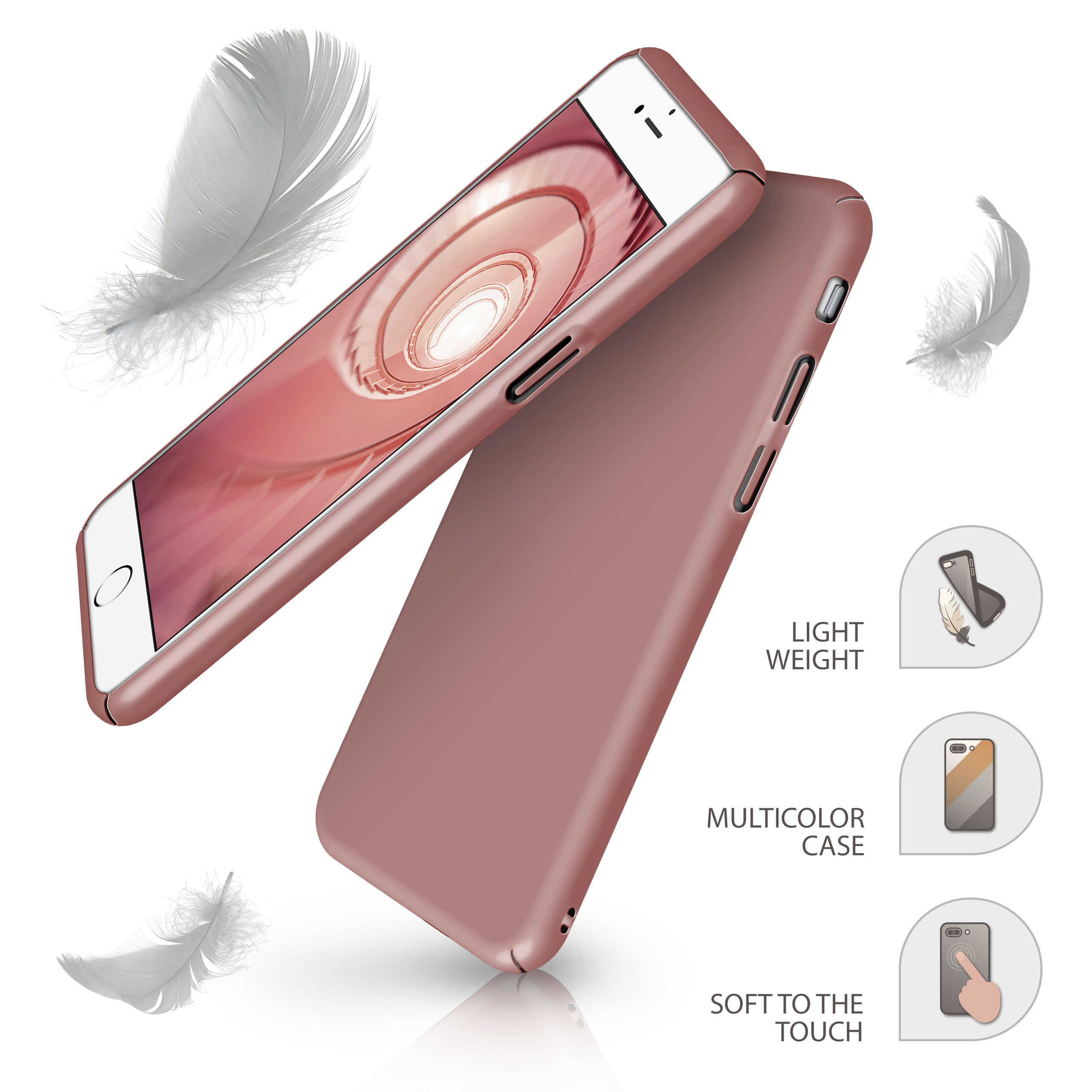 Telefon mit rosa Hülle und drei Federn. Text rechts.