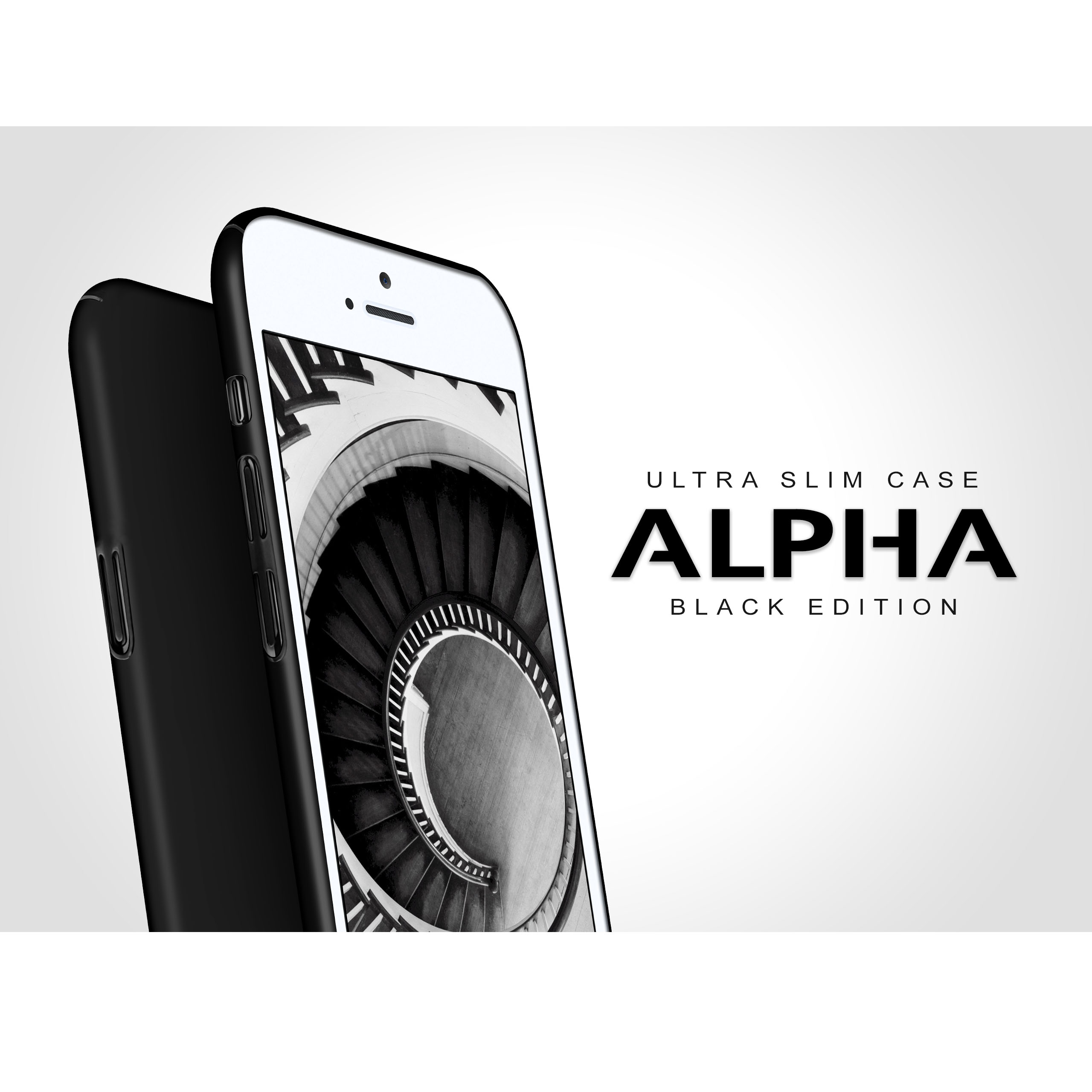 Eine schwarze Handyhülle, die eine Wendeltreppe zeigt. Der Text lautet 'ALPHA BLACK EDITION' vor weißem Hintergrund.