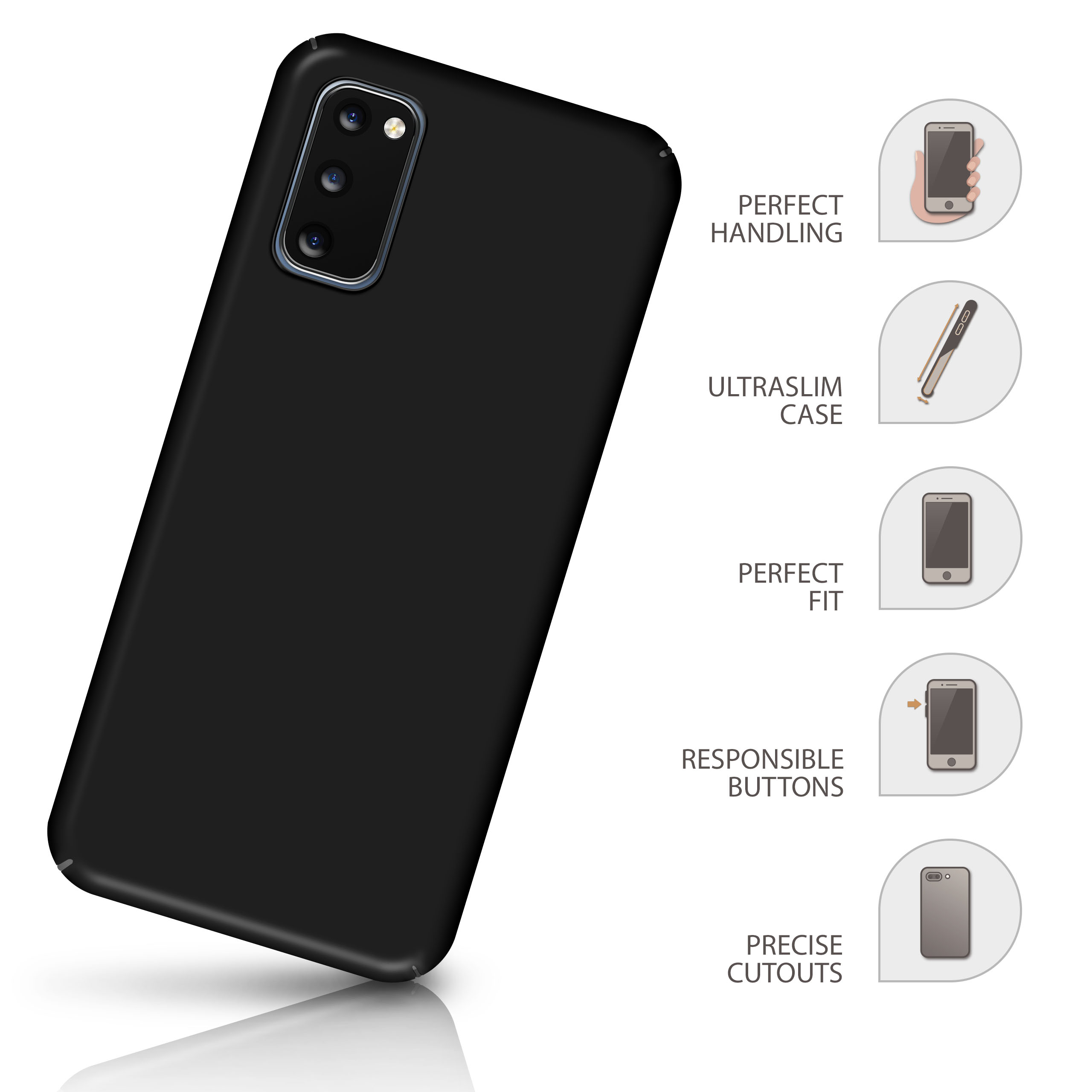 Schwarze Handyhülle auf einem Telefon, mit Symbolen, die Funktionen wie perfekte Handhabung zeigen.
