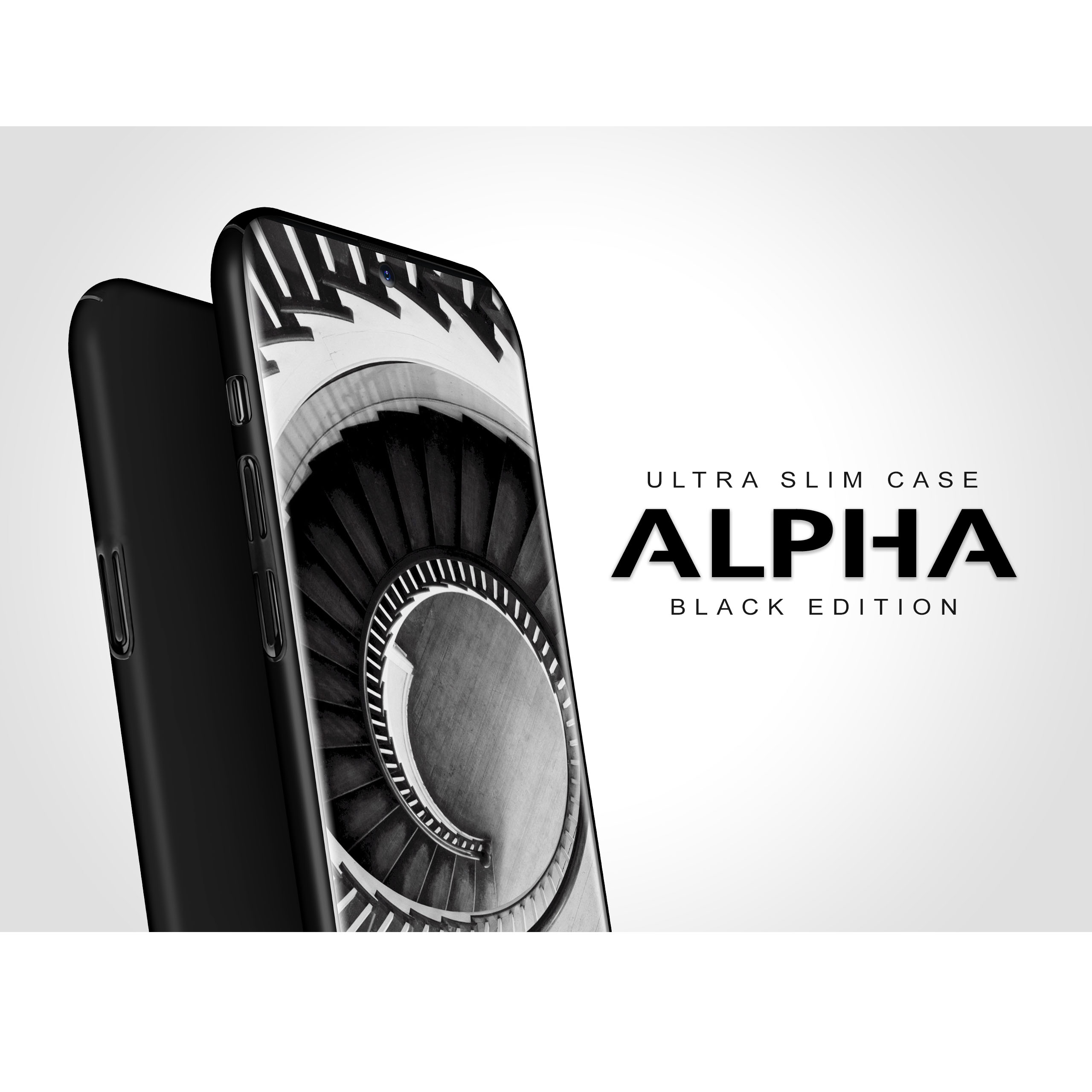 Eine schwarze Handyhülle mit Spiralmuster auf dem Bildschirm. Text lautet "ALPHA BLACK EDITION".