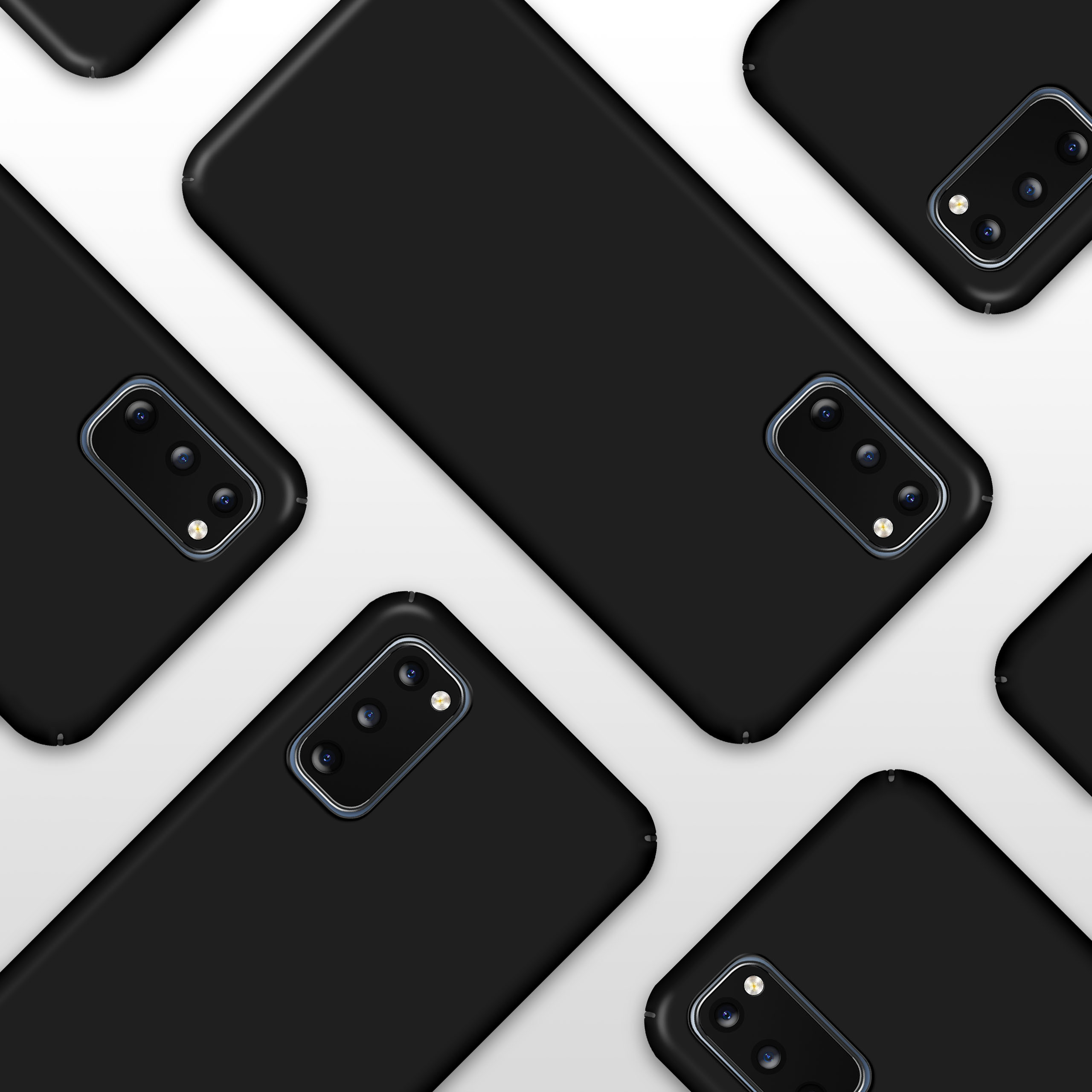 Schwarze Telefonhüllen in diagonalem Muster auf weißer Oberfläche. Jede Hülle hat Kameralinsen.
