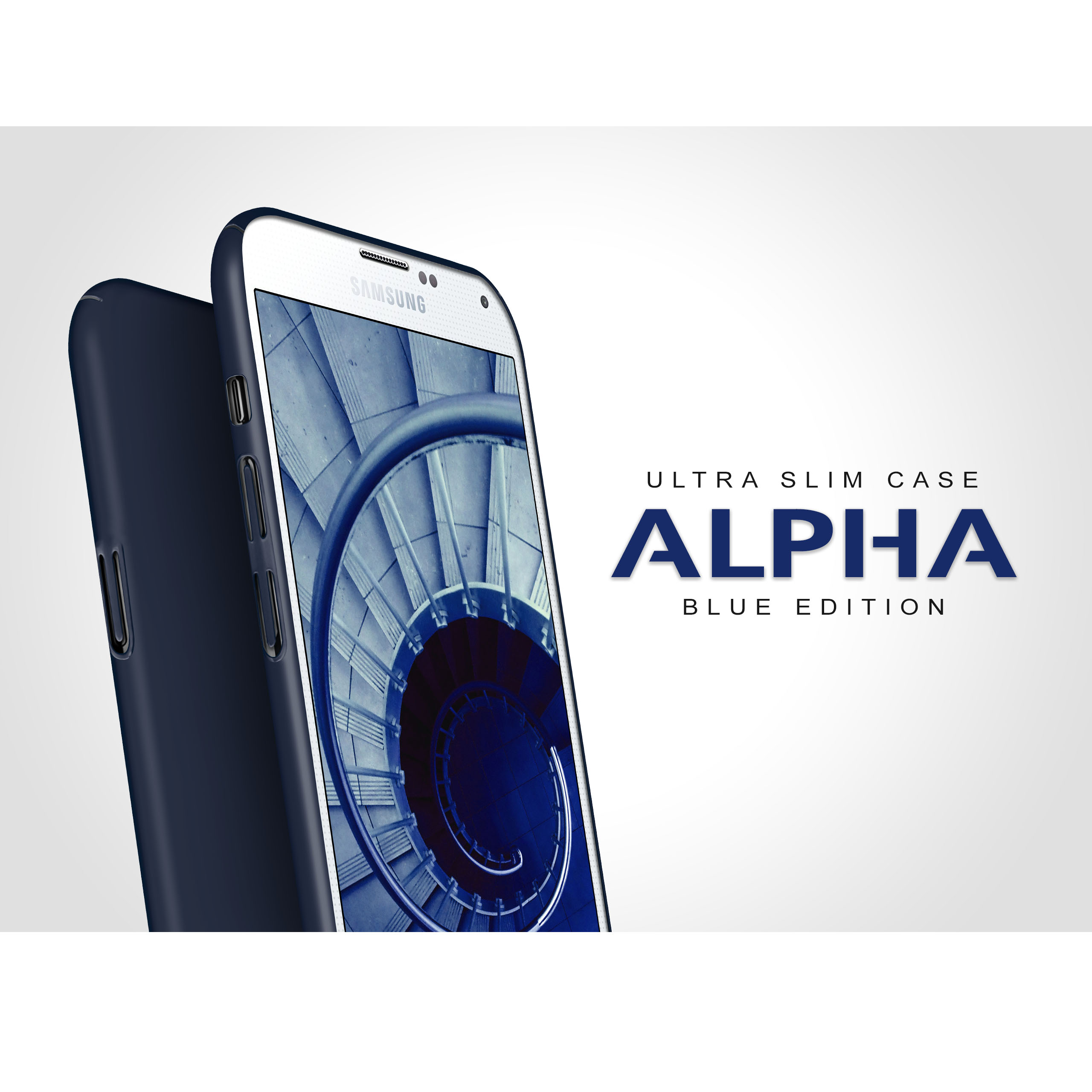 Blaue Handyhülle auf einem Telefon. Text sagt 'ALPHA BLUE EDITION' mit einer blauen Wendeltreppe im Hintergrund.
