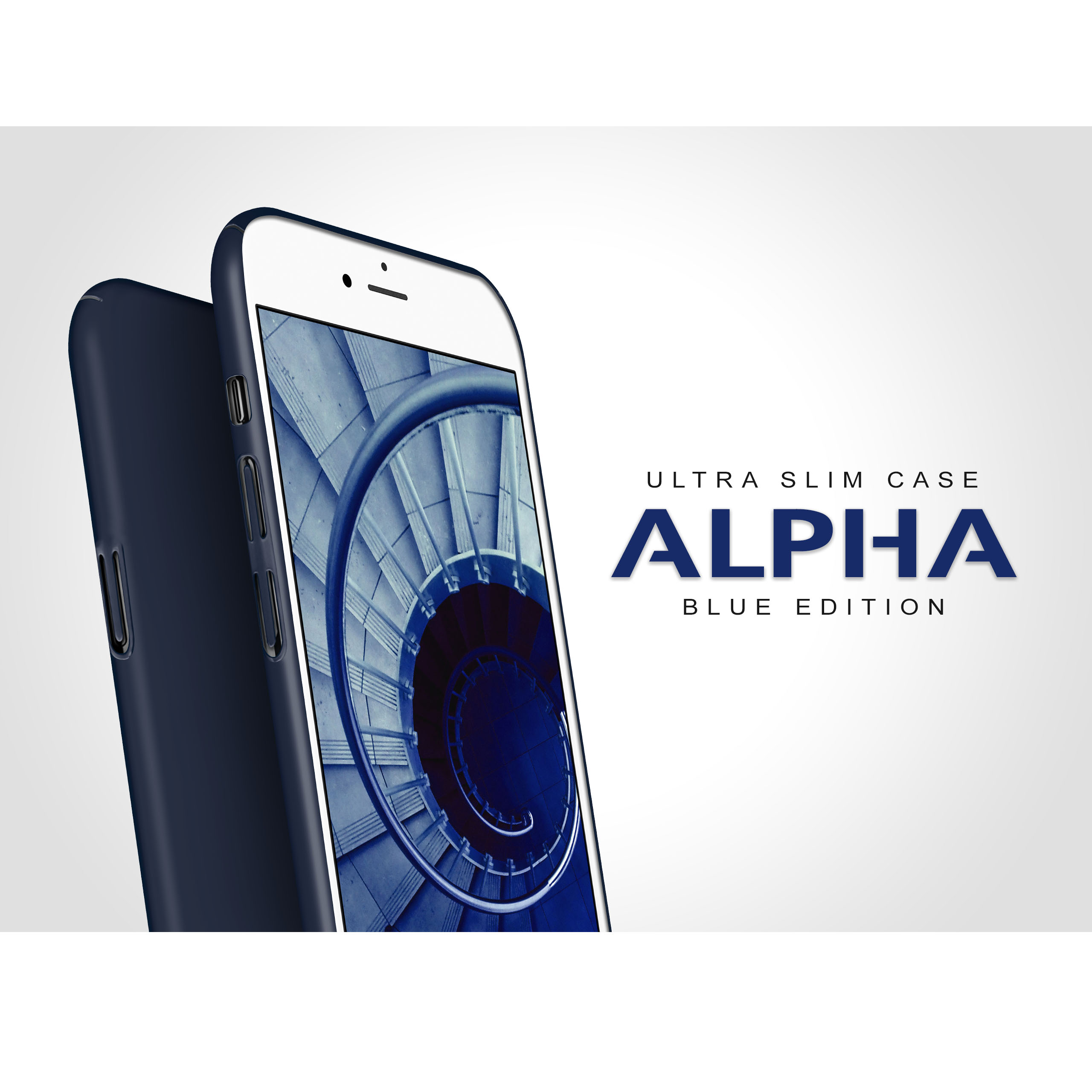 Blaues Telefon mit Spiralmuster auf dem Bildschirm und dunkelblauer Hülle. Weißer Hintergrund.