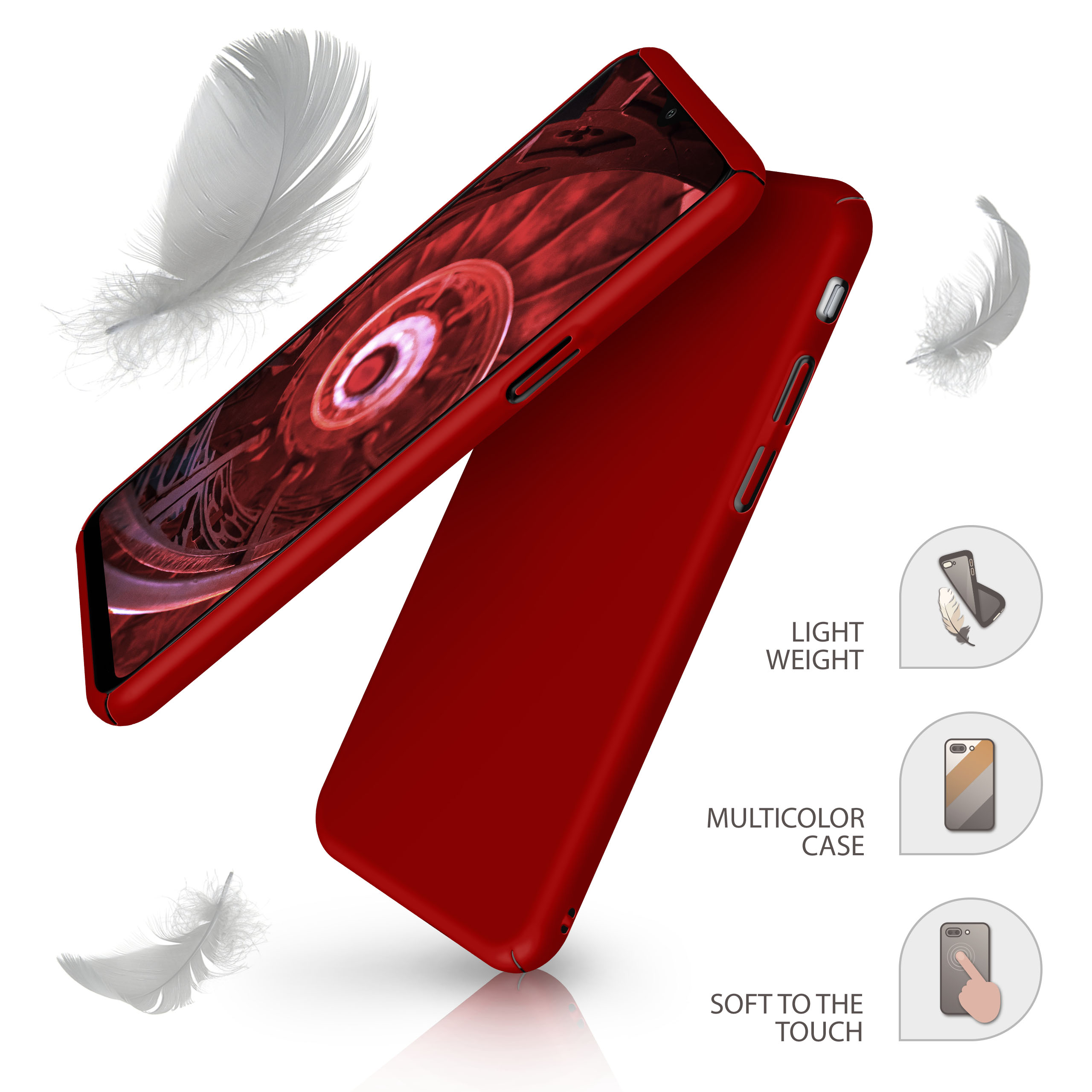 Eine rote Handyhülle mit einem Telefon darin und Federn. Merkmale sind leicht und weich.