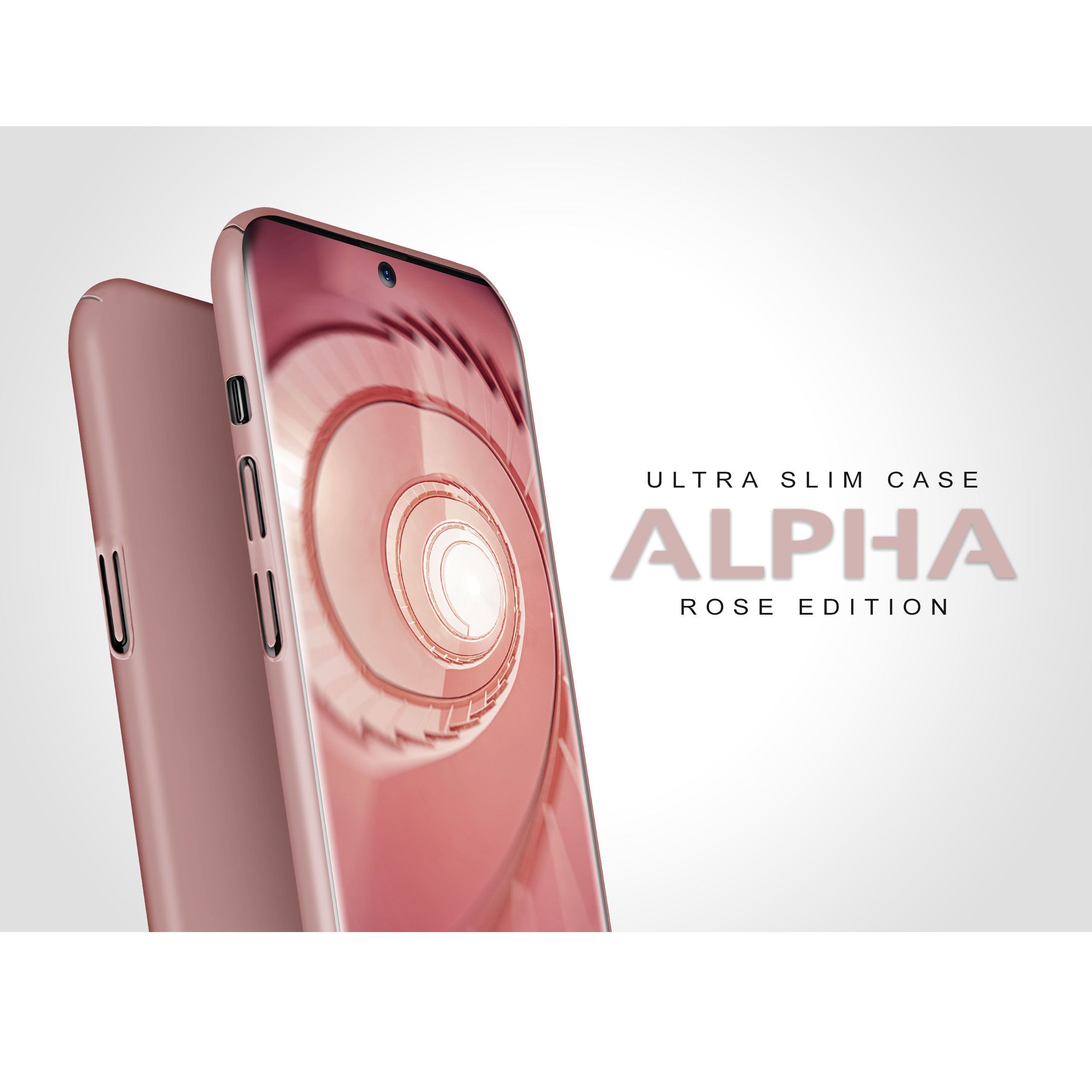 Rosafarbenes Handy-Case, Alpha-Serie, Rose-Edition. Telefon im Hintergrund.