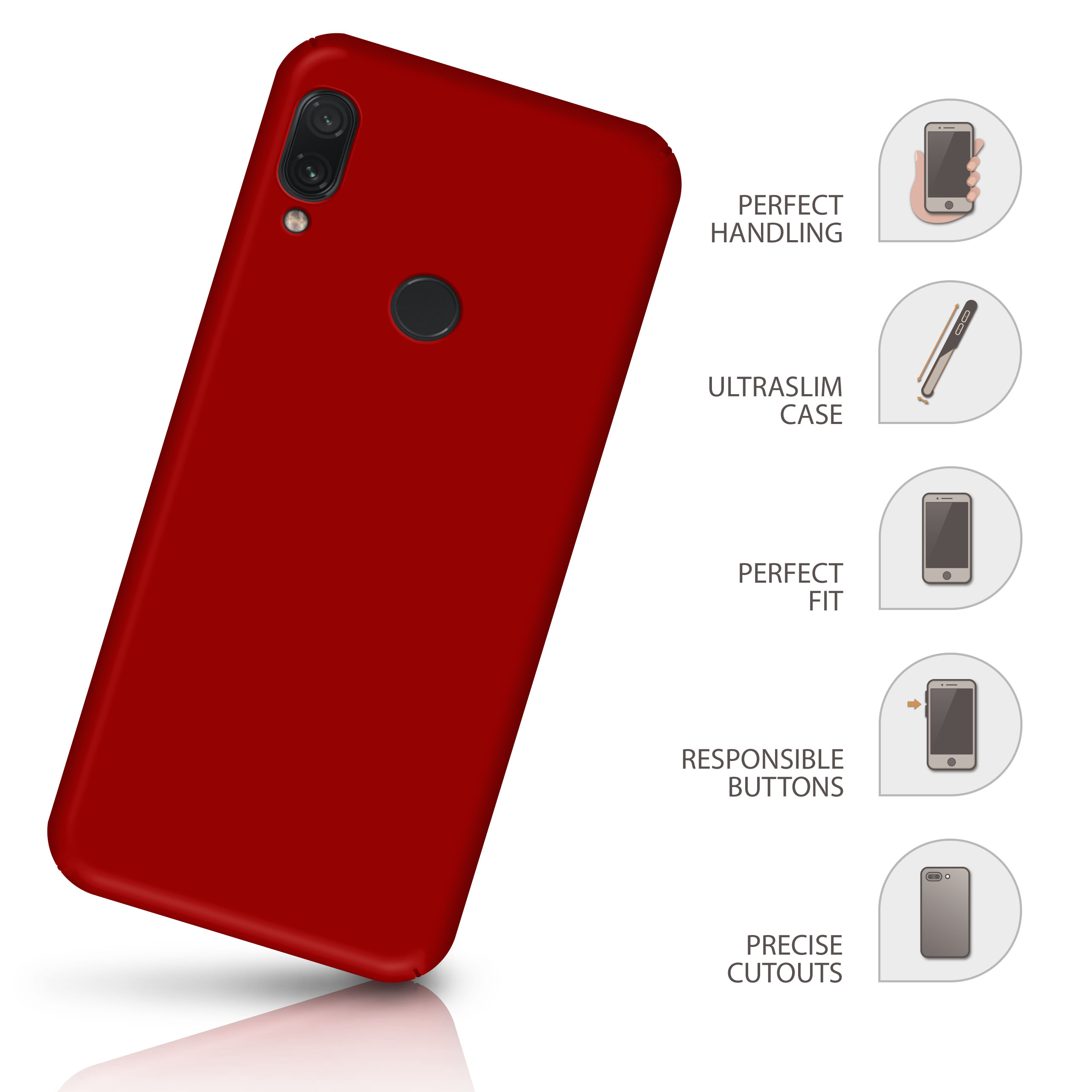 Eine Hand, die ein rotes Telefon mit Kamera hält, mit den Worten „PERFECT HANDLING“, „ULTRASLIM CASE“.