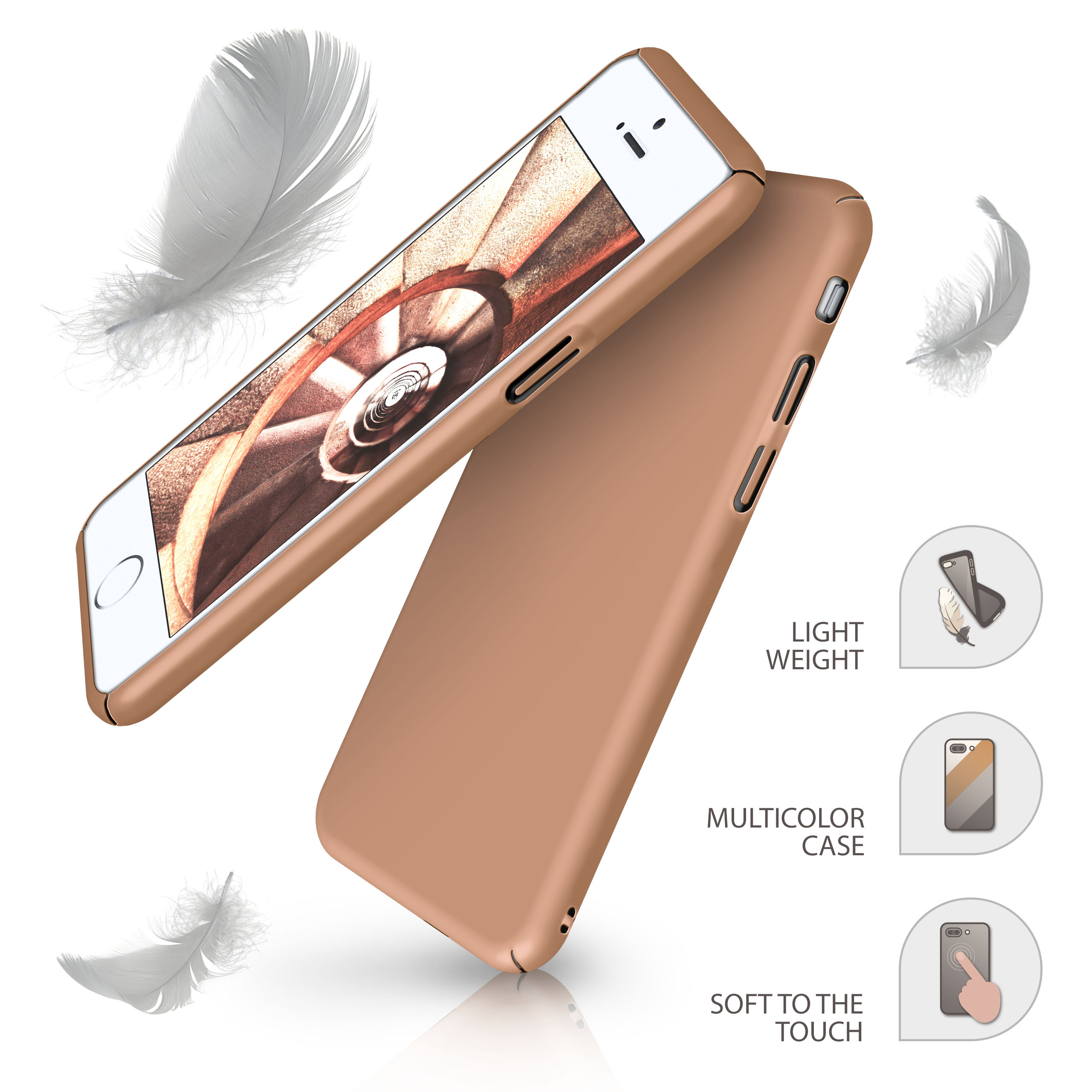 Ein Telefon in einer braunen Hülle mit Federn drumherum. Text sagt 'LIGHT WEIGHT', 'MULTICOLOR CASE'.