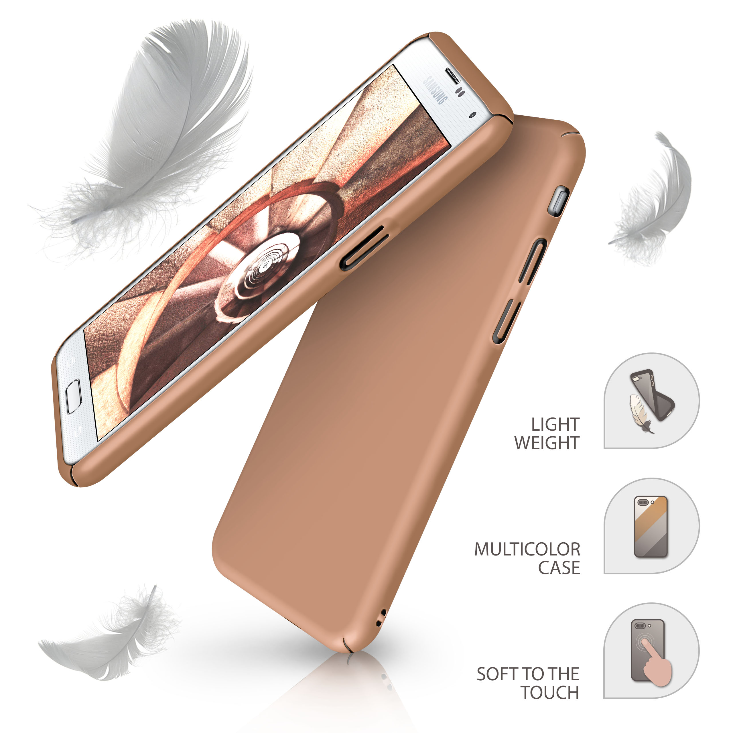 Ein Telefon in einer braunen Hülle mit einer Federillustration wird mit anderen Grafiken und Text gezeigt.