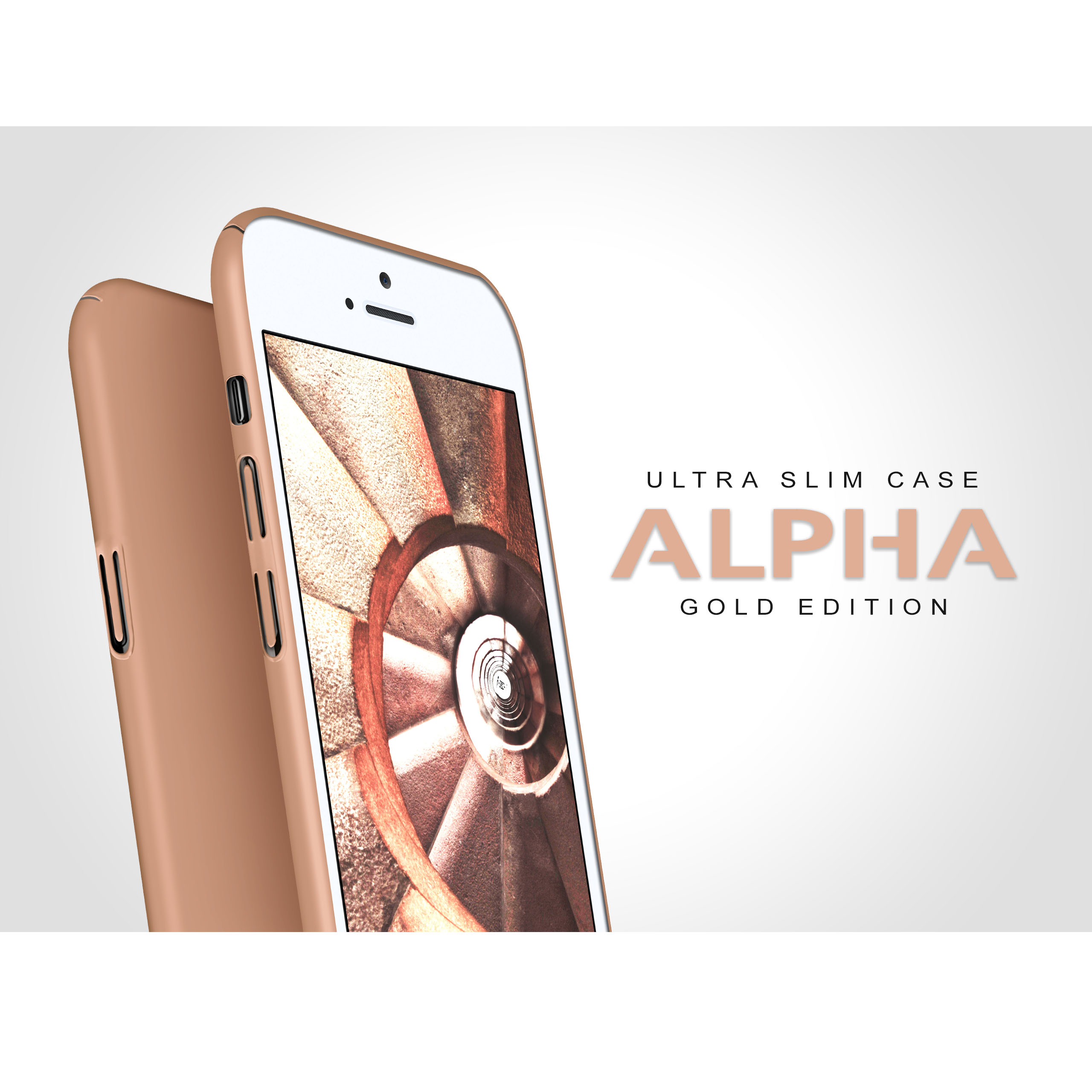 Telefon in einer Hülle. Die Hülle ist goldfarben. Das Telefon befindet sich auf weißem Hintergrund.