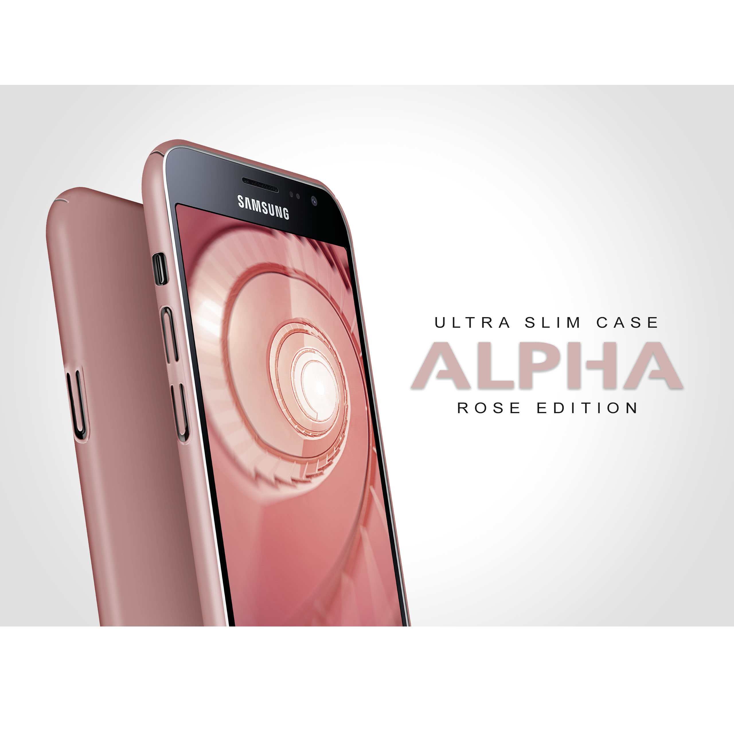 Rosafarbene Handyhülle mit dem Namen 'ALPHA ROSE EDITION' auf weißem Hintergrund.