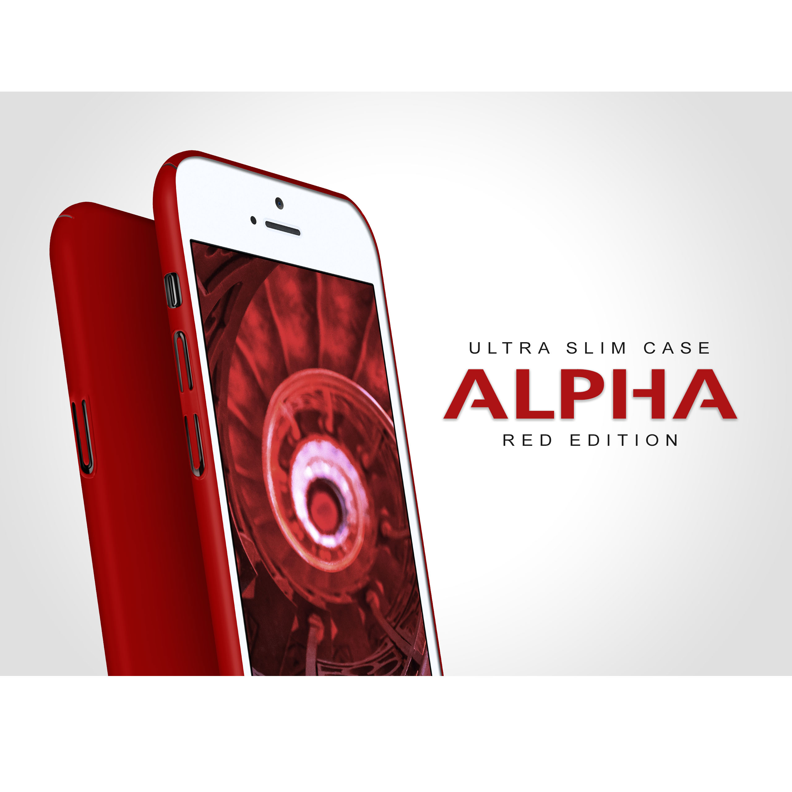 Rotes Telefon mit roter Hülle. Text: Ultra schlanke Hülle. Alpha Red Edition.