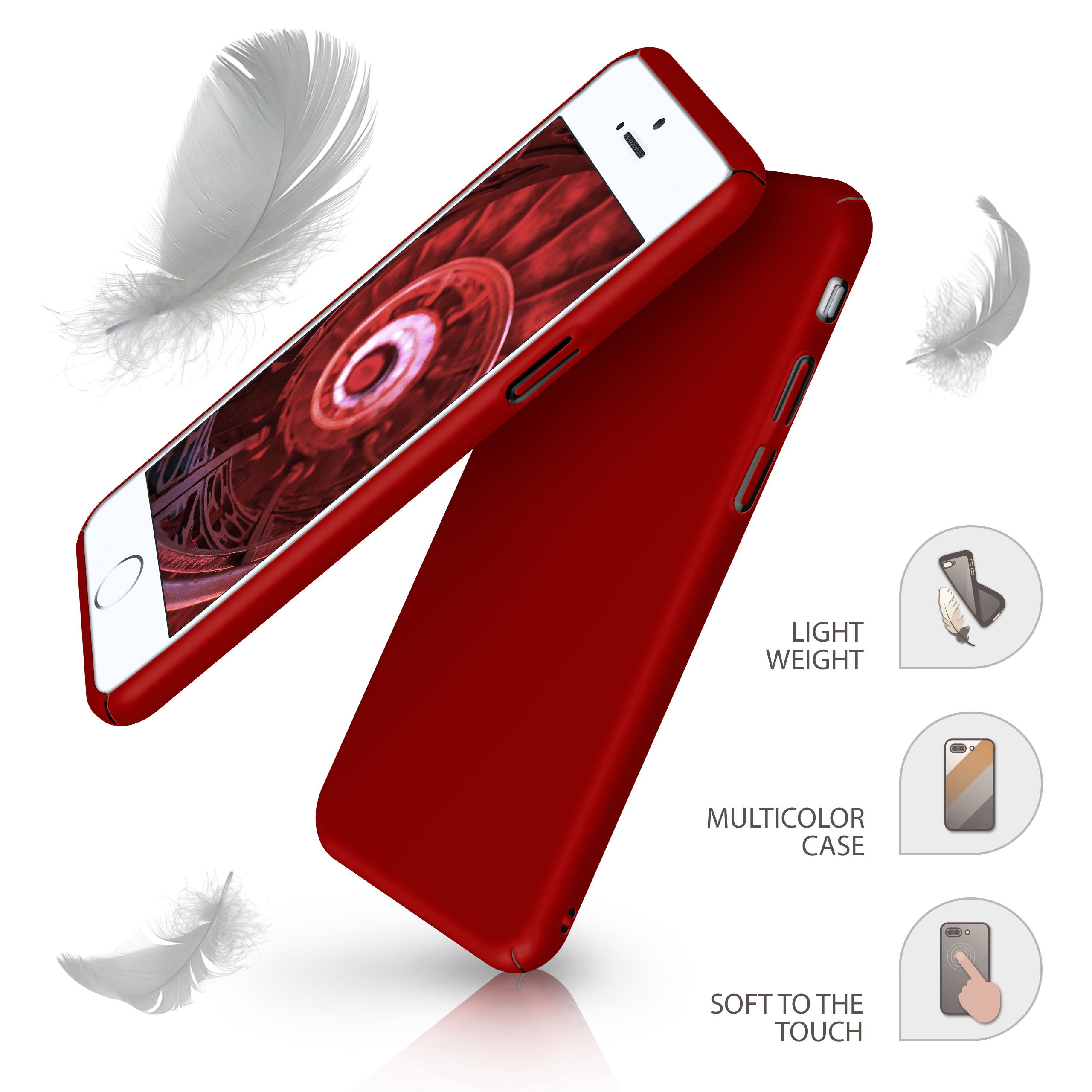 Eine rote Handyhülle mit einem Telefon darin, mit Federn und Symbolen für Funktionen angezeigt.