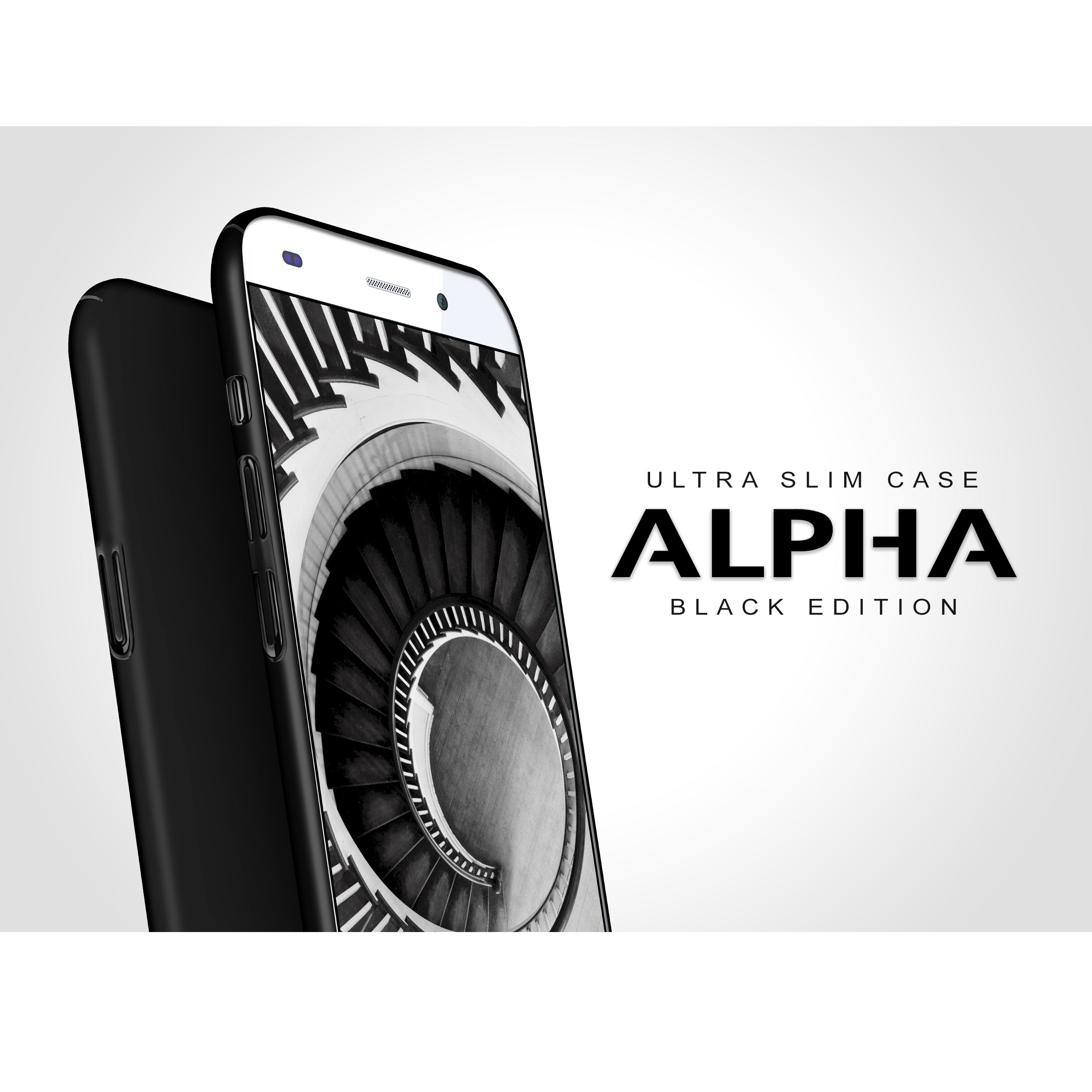Schwarzes Telefon und Hülle. Text sagt Ultra Slim Case, Alpha, Black Edition. Eine Wendeltreppe wird gezeigt.