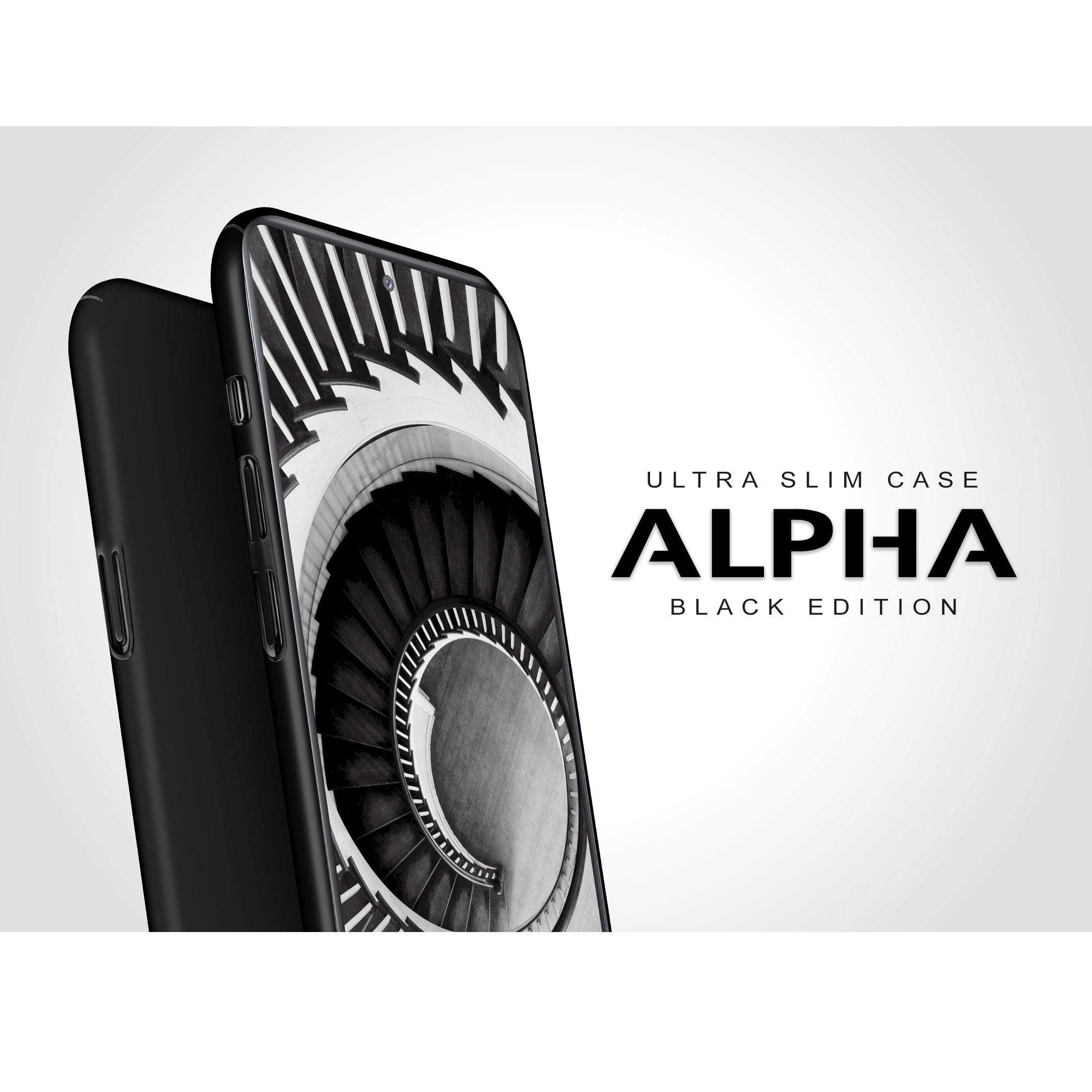 Schwarze Handyhülle mit schwarz-weißem Spiralhintergrund, Text: ALPHA BLACK EDITION.
