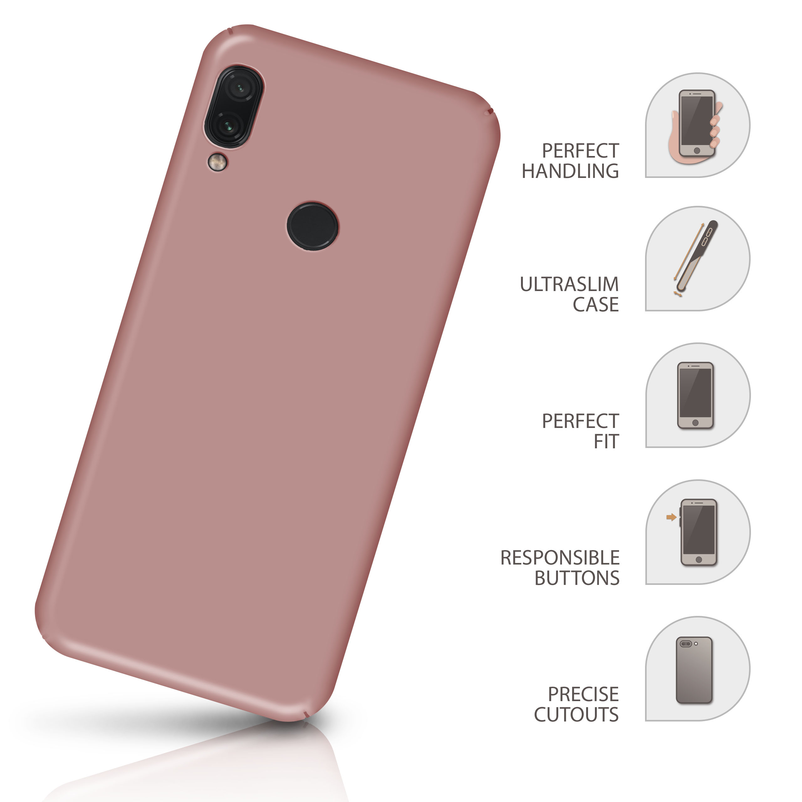 Rosa Handyhülle mit einem Telefon darin, mit Symbolen, die Funktionen wie perfekte Handhabung und Passform anzeigen.