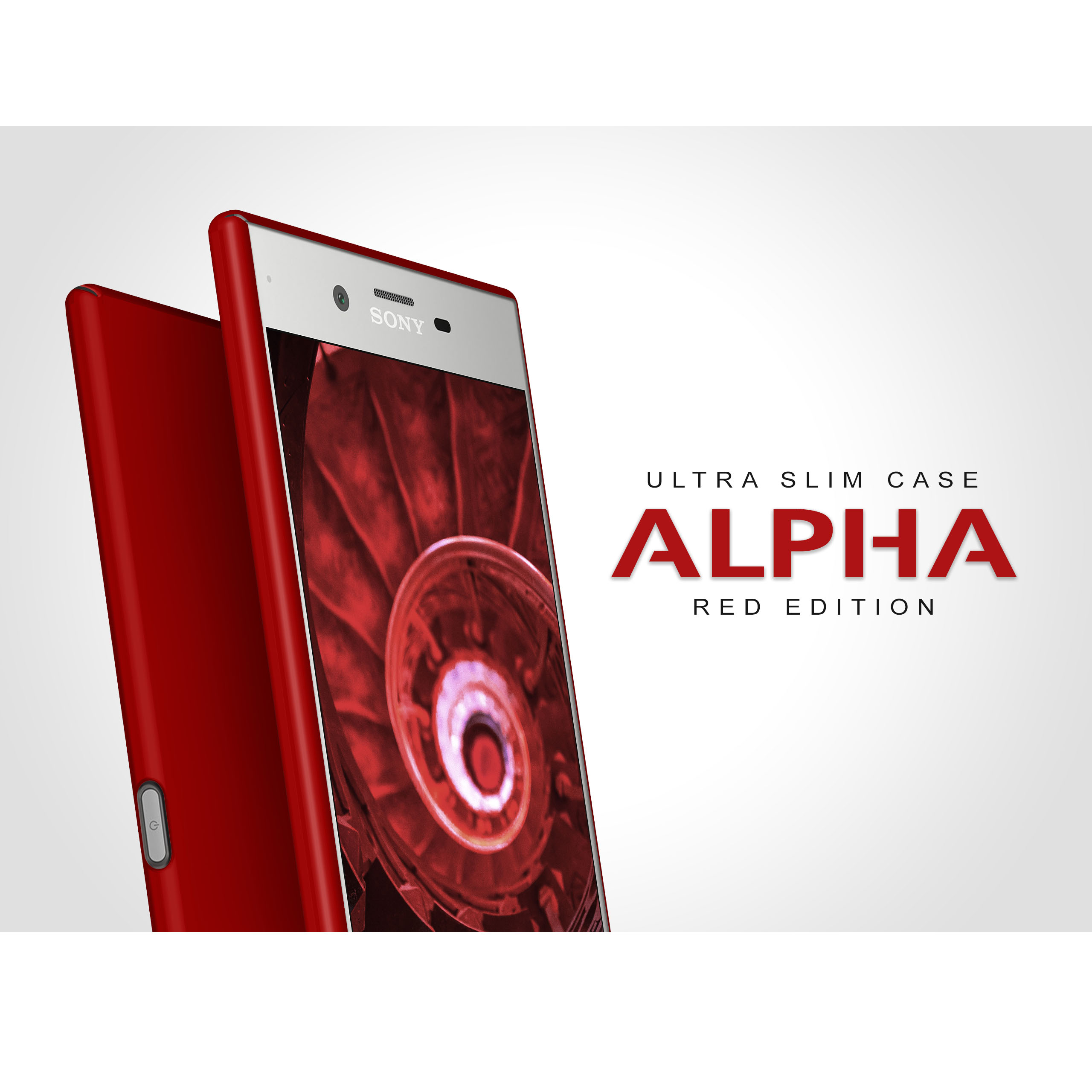Rotes Telefon mit roter Hülle. Text "ALPHA RED EDITION" auf der rechten Seite auf weißem Hintergrund.