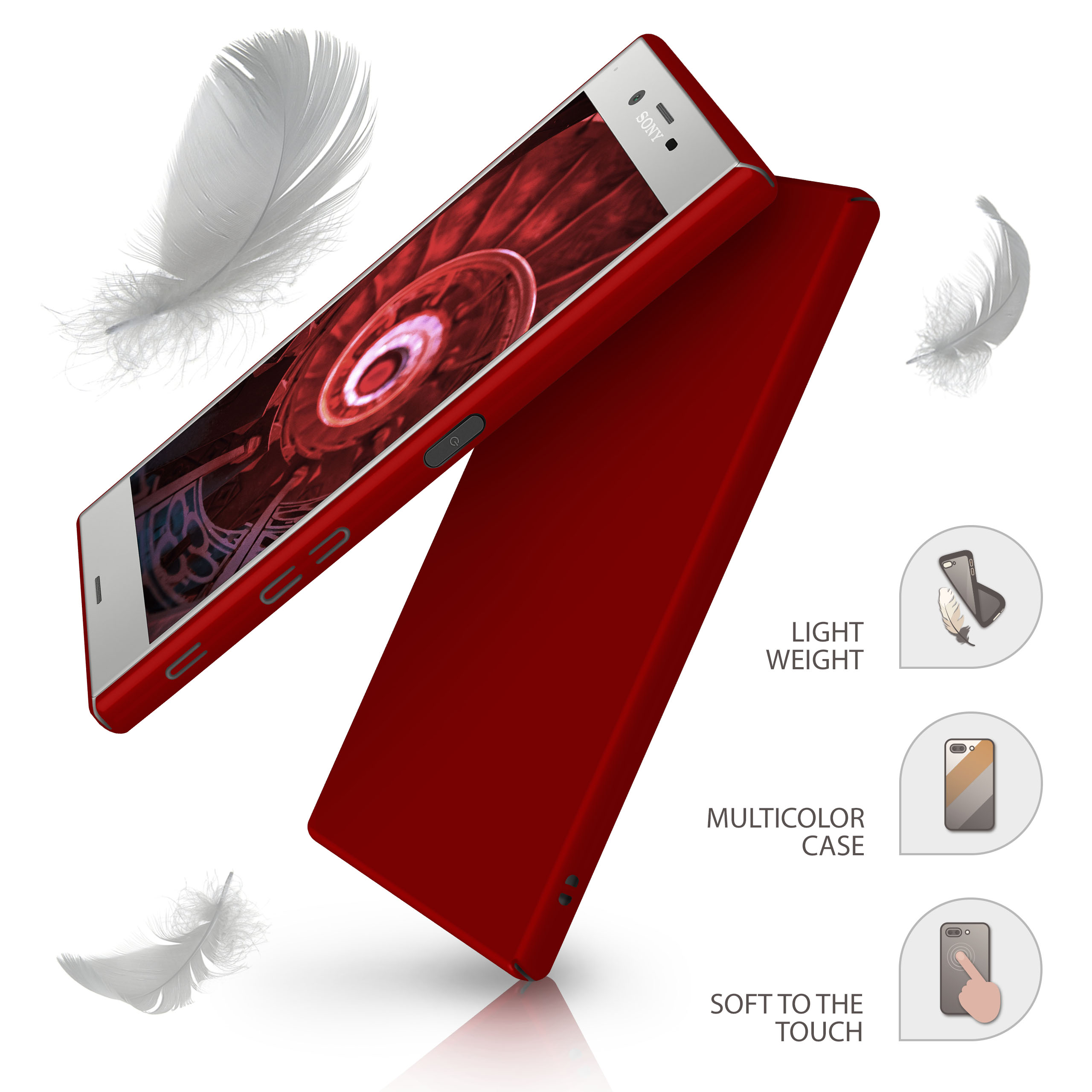 Rote Handyhülle mit sichtbarem Telefon. Federn und Symbole auf weißem Hintergrund.
