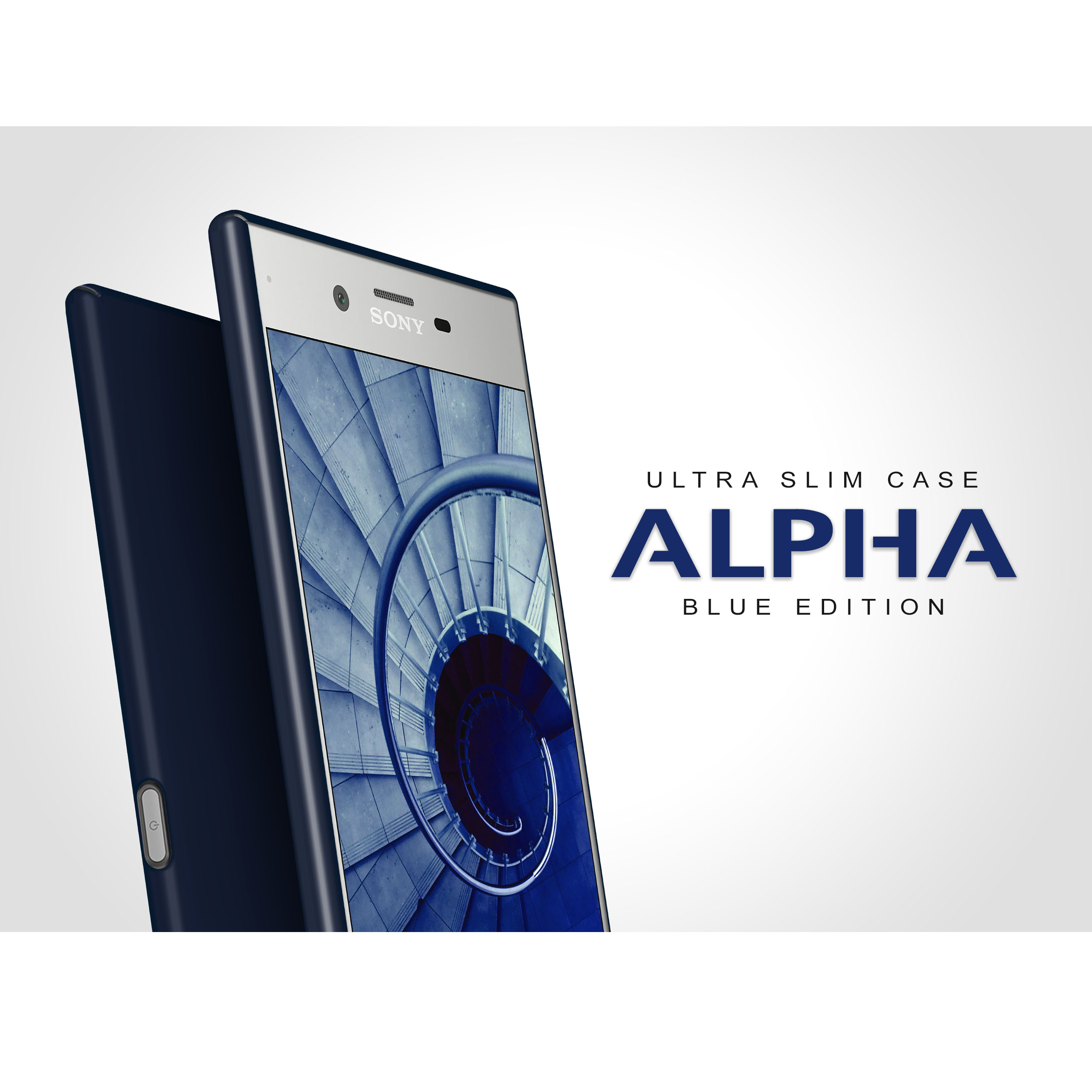 Blaues Telefon und Hülle mit Text ALPHA BLUE EDITION. Weißer Hintergrund.