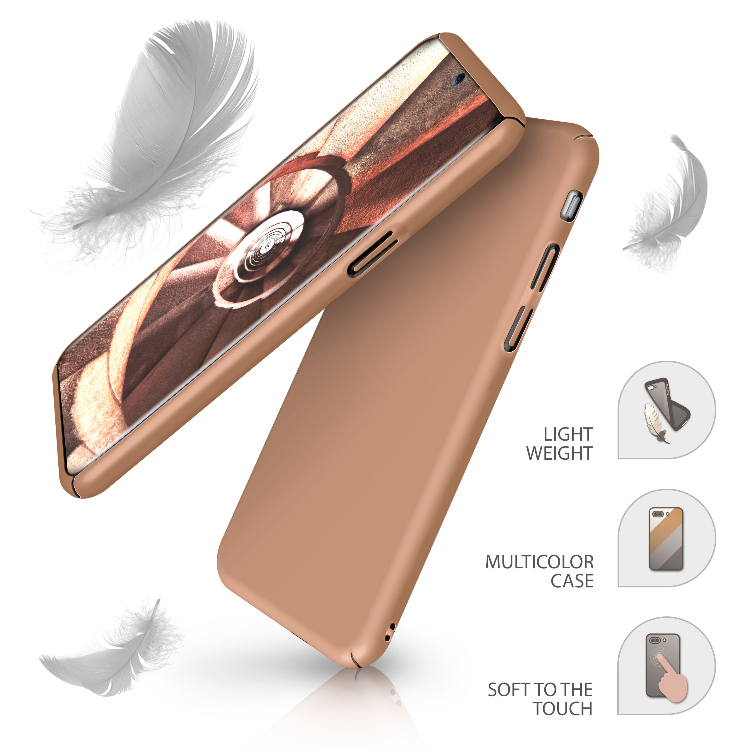 Telefon mit Hülle, goldbraune Farbe und Federn drumherum. Illustrationen: Leicht, mehrfarbige Hülle.