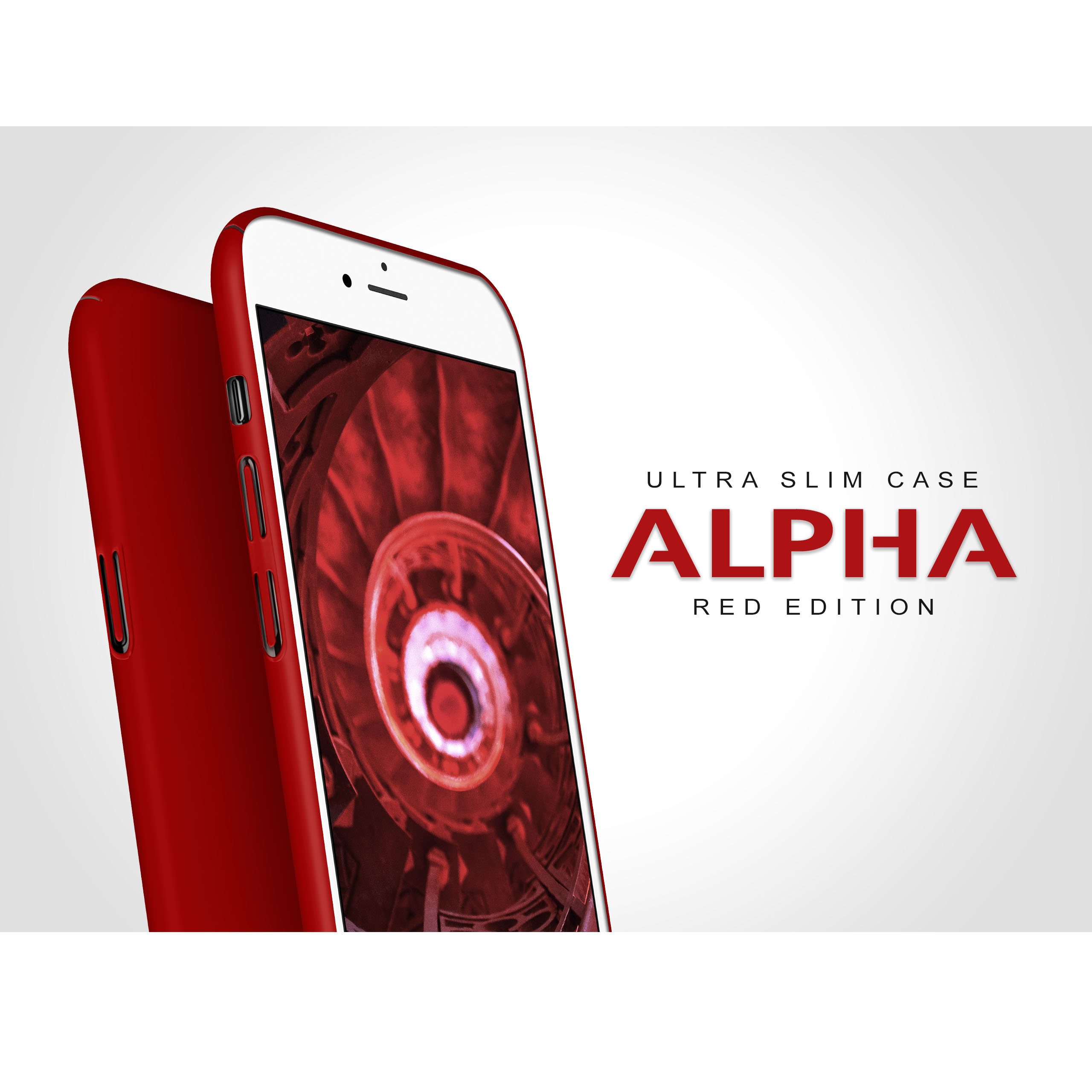 Eine rote Handyhülle neben einem Handy mit Spirale. Der Text lautet 'ALPHA RED EDITION'.