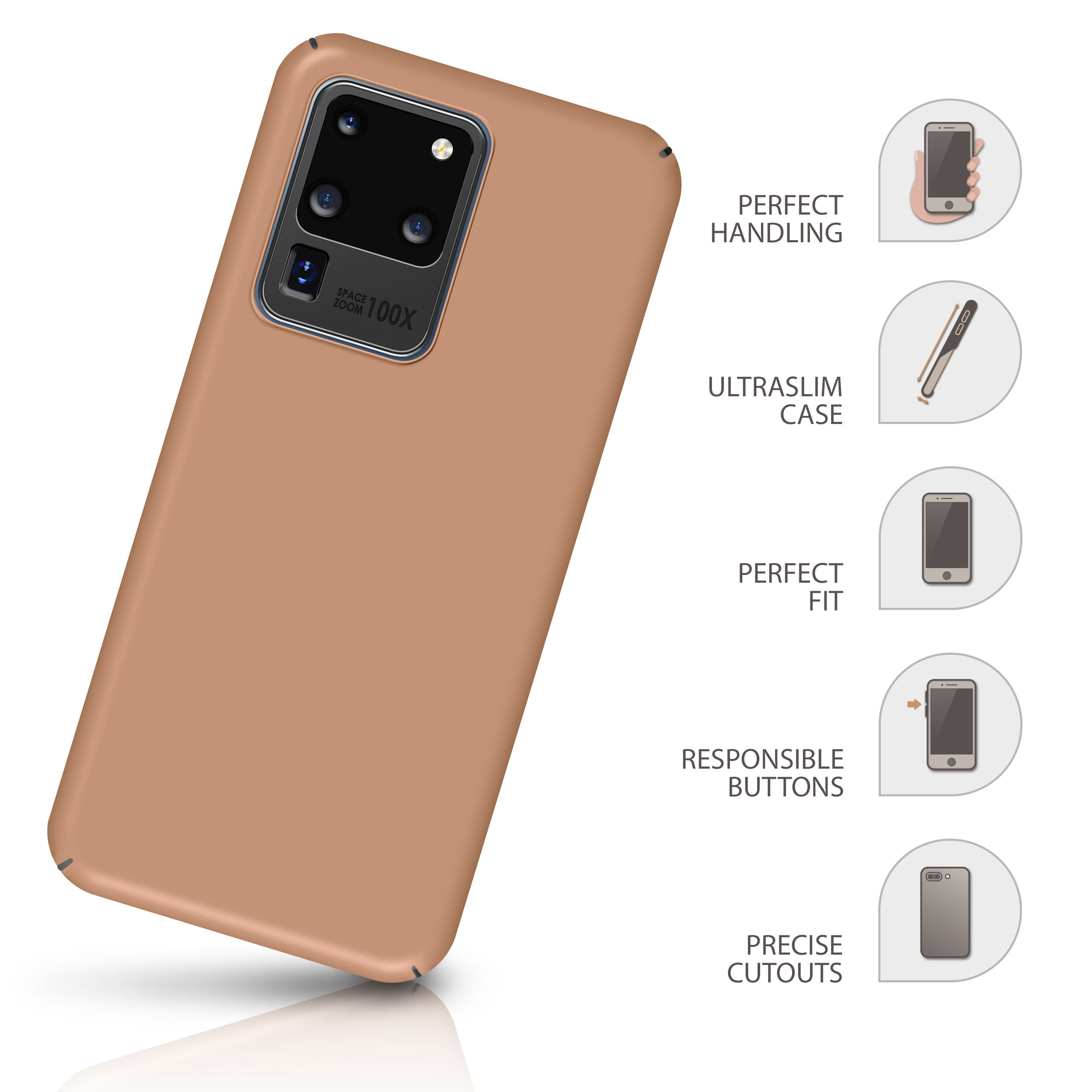 Eine Handyhülle. Merkmale sind perfekte Handhabung, ultraschlankes Design, perfekte Passform, verantwortungsvolle Tasten und präzise Aussparungen.