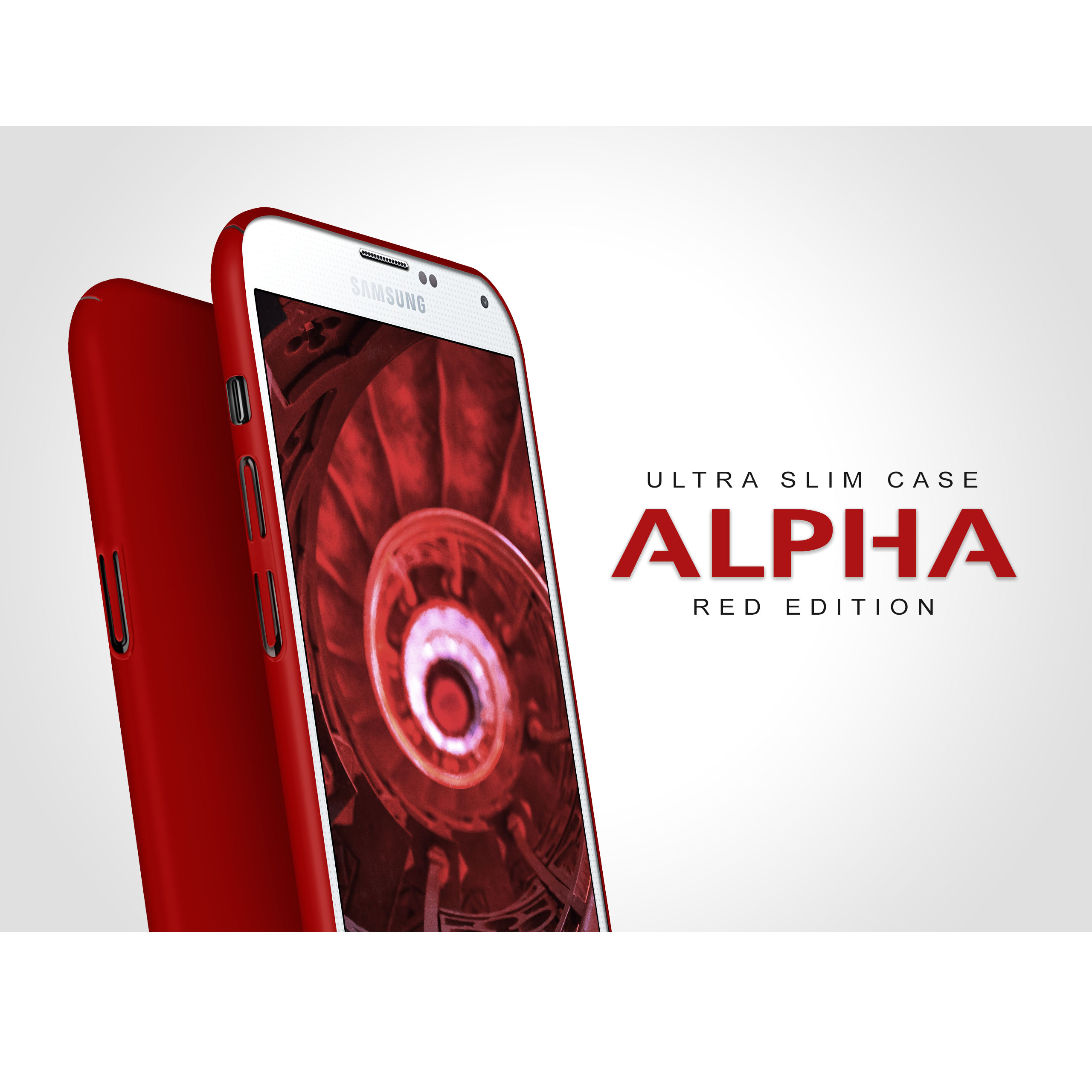 Rotes Telefon und Hülle. Text sagt Ultra Slim Case, Alpha, Red Edition. Eine Wendeltreppe wird gezeigt.