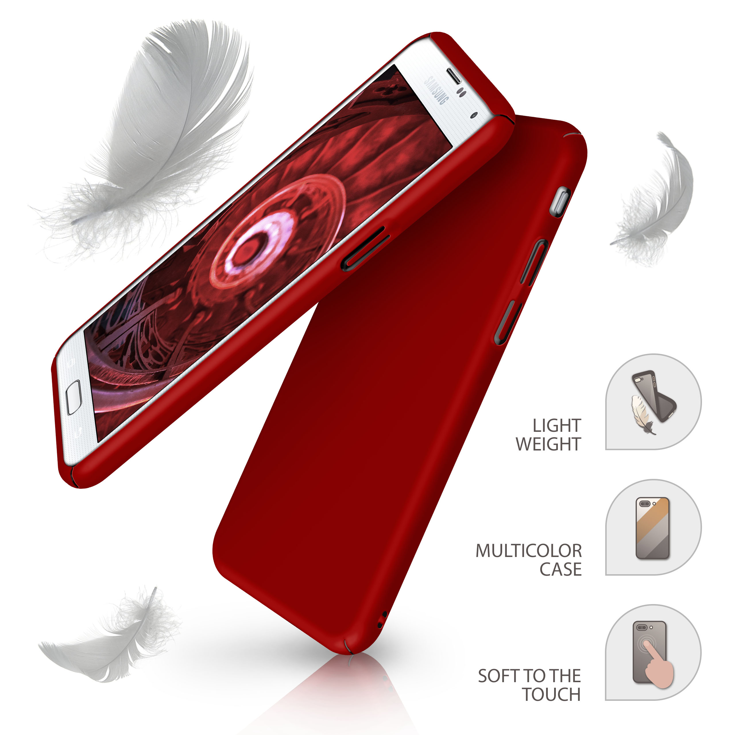 Eine rote Handyhülle mit einem Telefon darin und Federn. Merkmale sind leicht und weich.