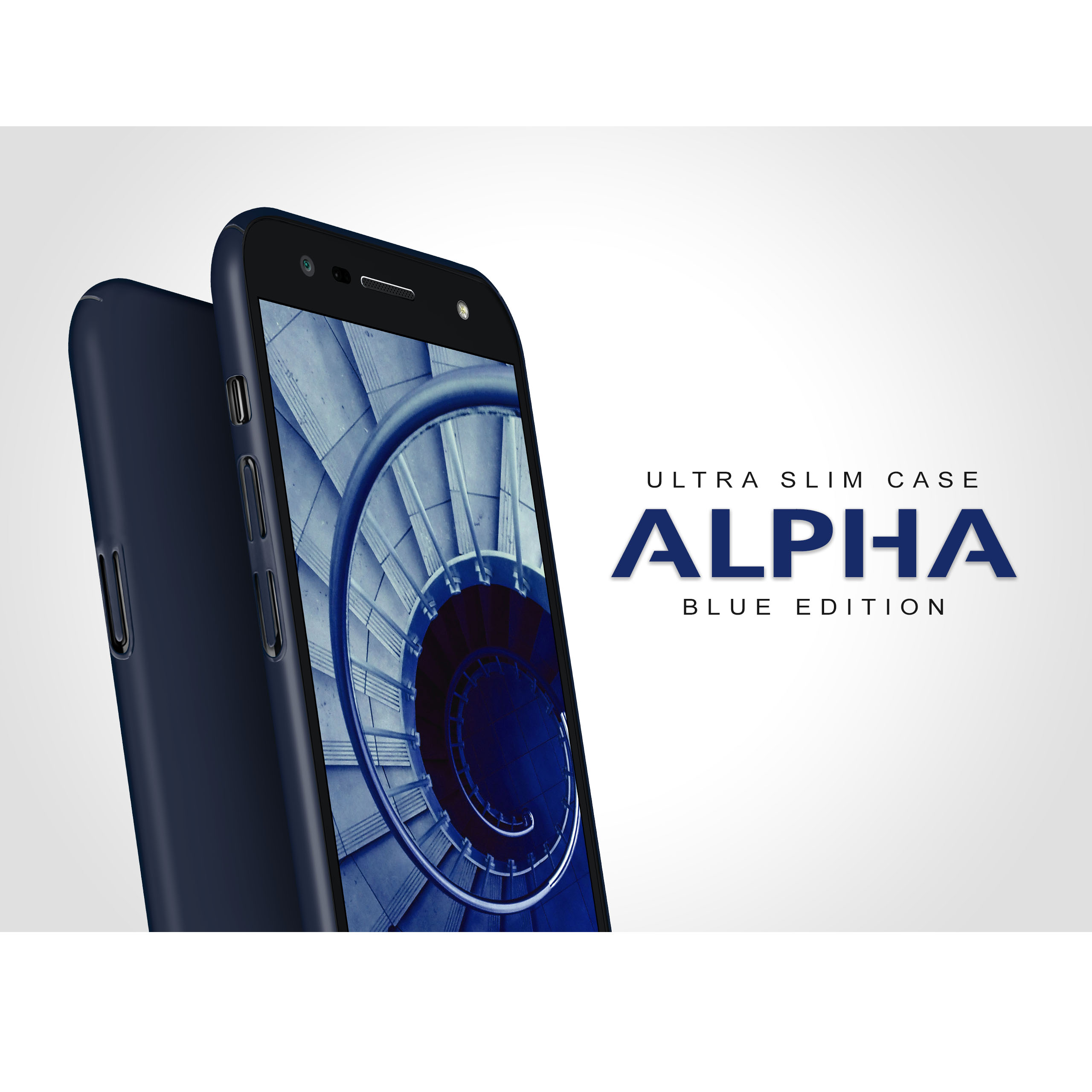 Blaues Telefon in einem Gehäuse. Der Bildschirm zeigt eine Wendeltreppe, mit Text: ALPHA BLUE EDITION.