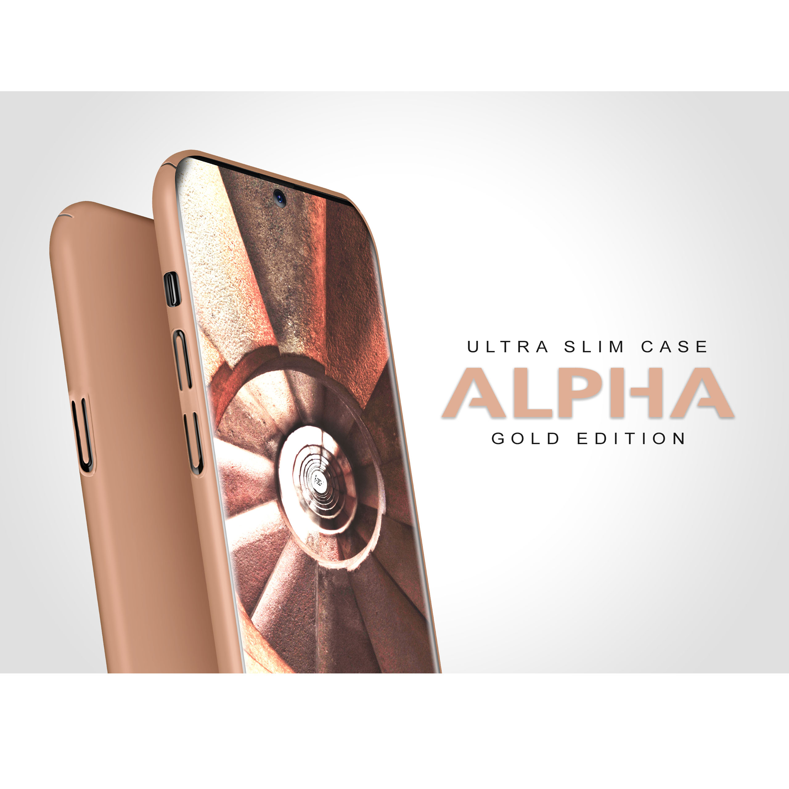 Eine goldfarbene Handyhülle mit einem Telefon darin, das eine Wendeltreppe auf dem Bildschirm zeigt.