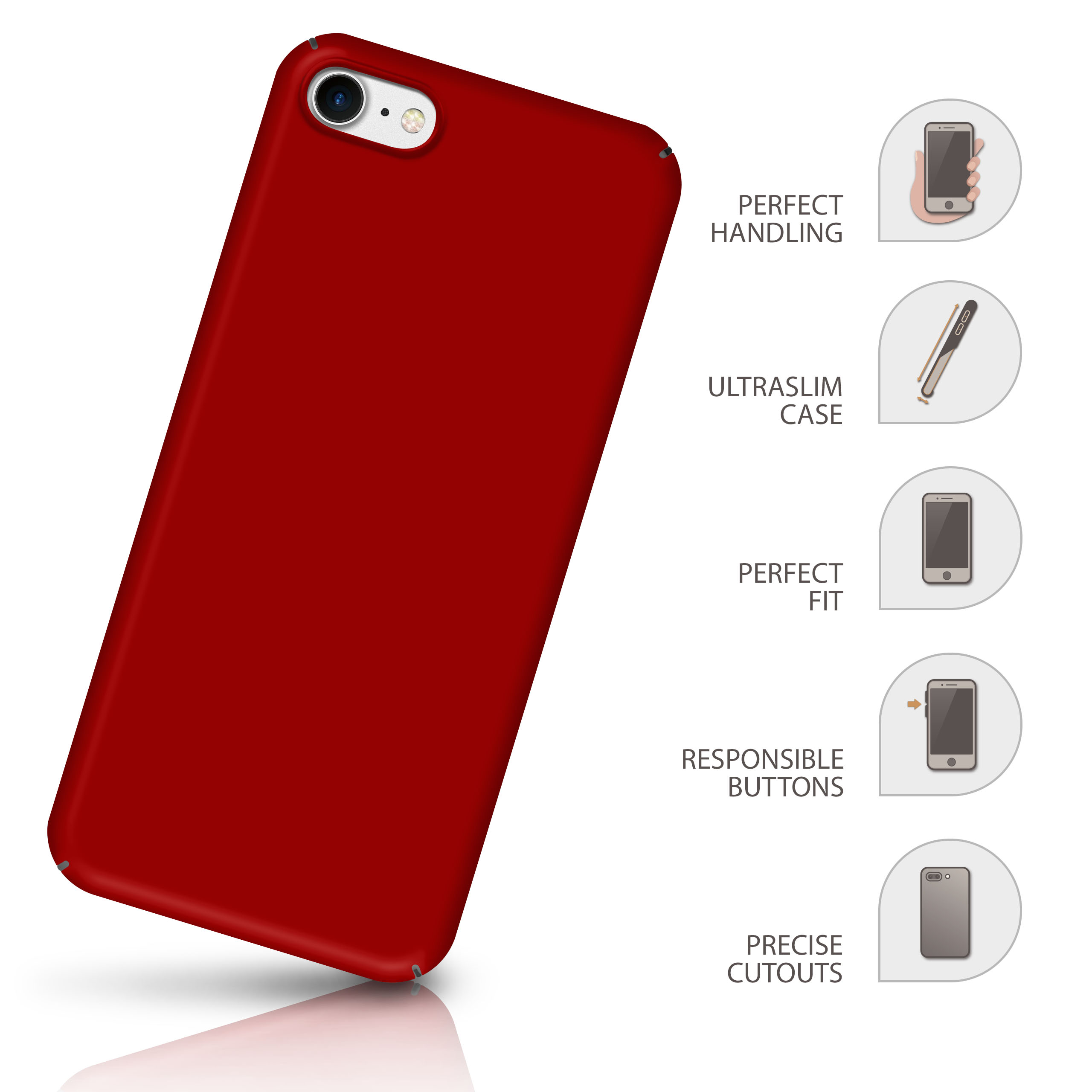 Eine rote Handyhülle mit weißen Textetiketten und Symbolen. Die Handyhülle ist leicht angewinkelt.