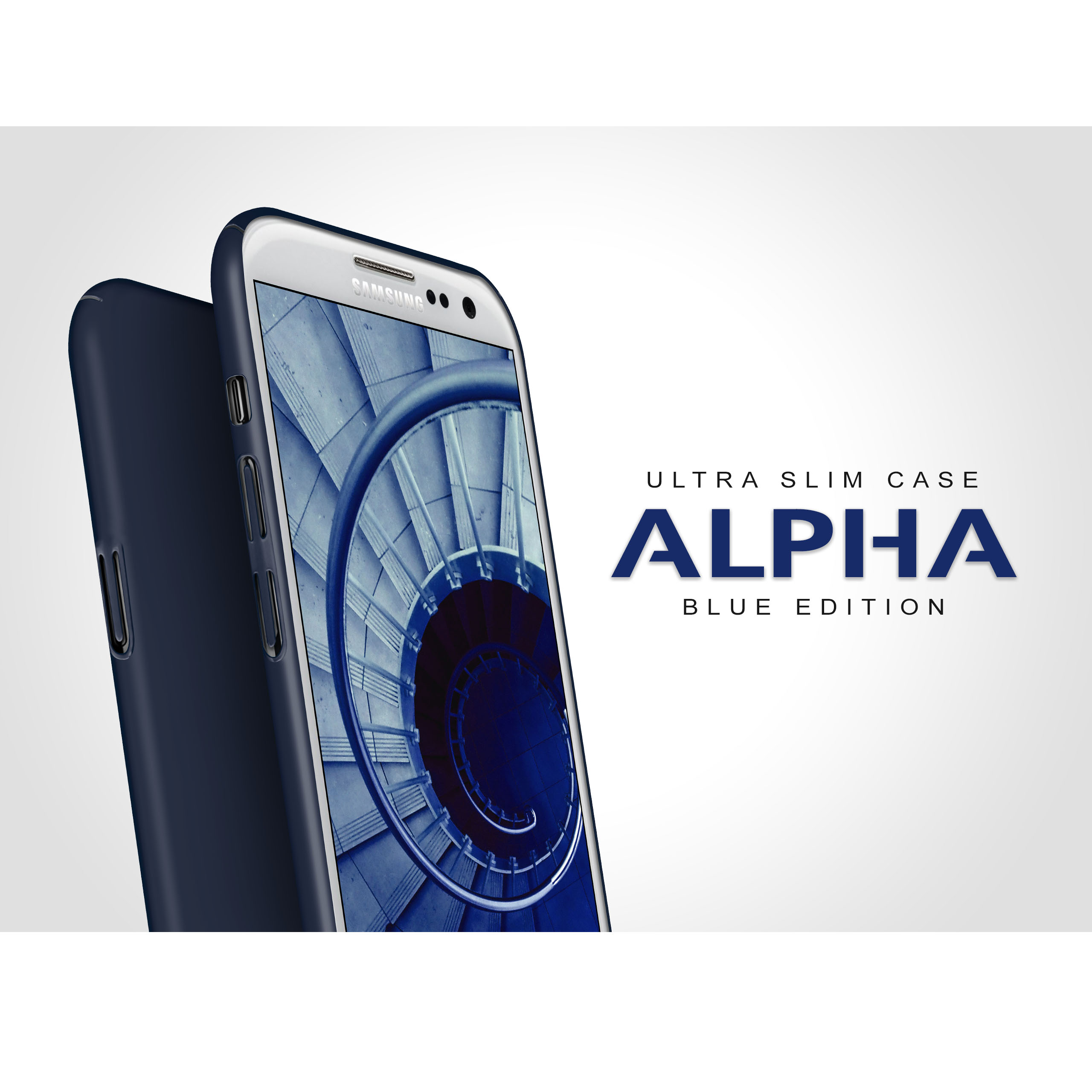 Blaues Telefon in einem Gehäuse. Der Bildschirm zeigt eine Wendeltreppe, mit Text: ALPHA BLUE EDITION.