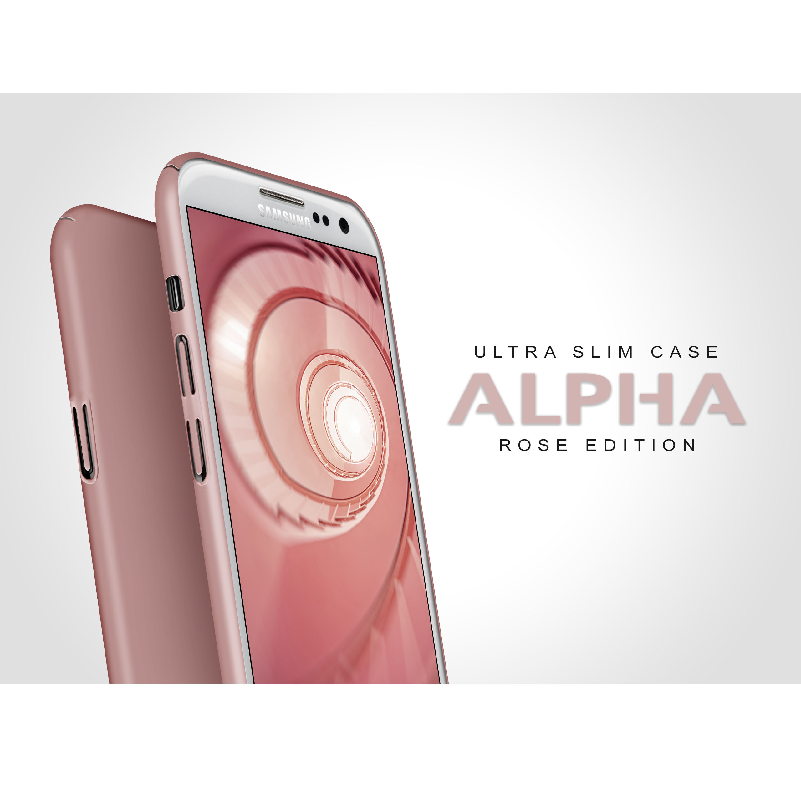Rosafarbene Handyhülle und Handy, mit Spiralhintergrund. Text: Ultra Slim Case, Alpha Rose Edition.