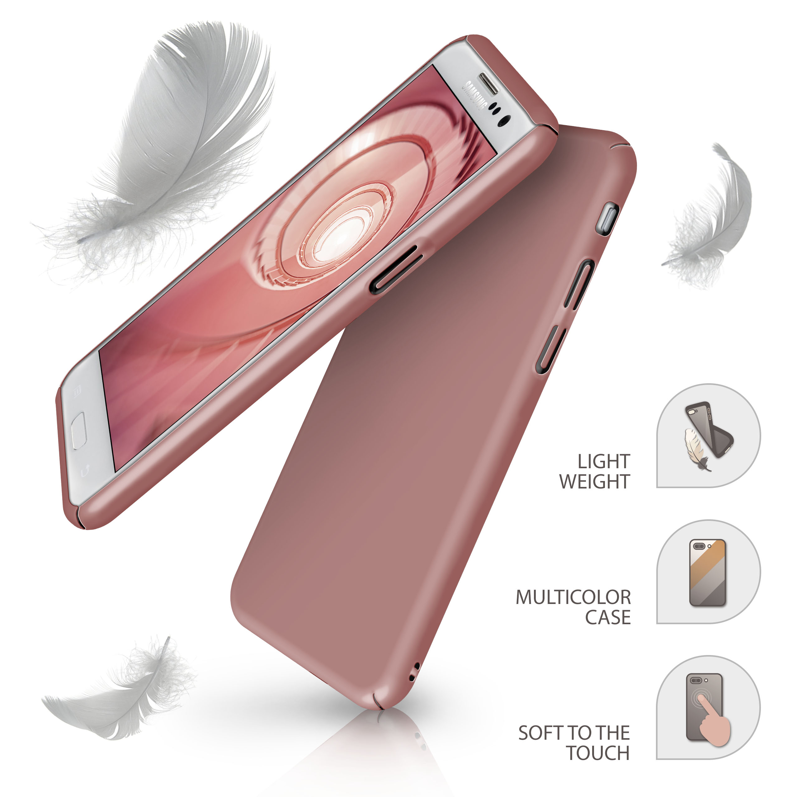 Eine rosa Handyhülle mit einem Telefon darin und Federn in der Nähe. Symbole für leicht, mehrfarbig und weich im Griff.
