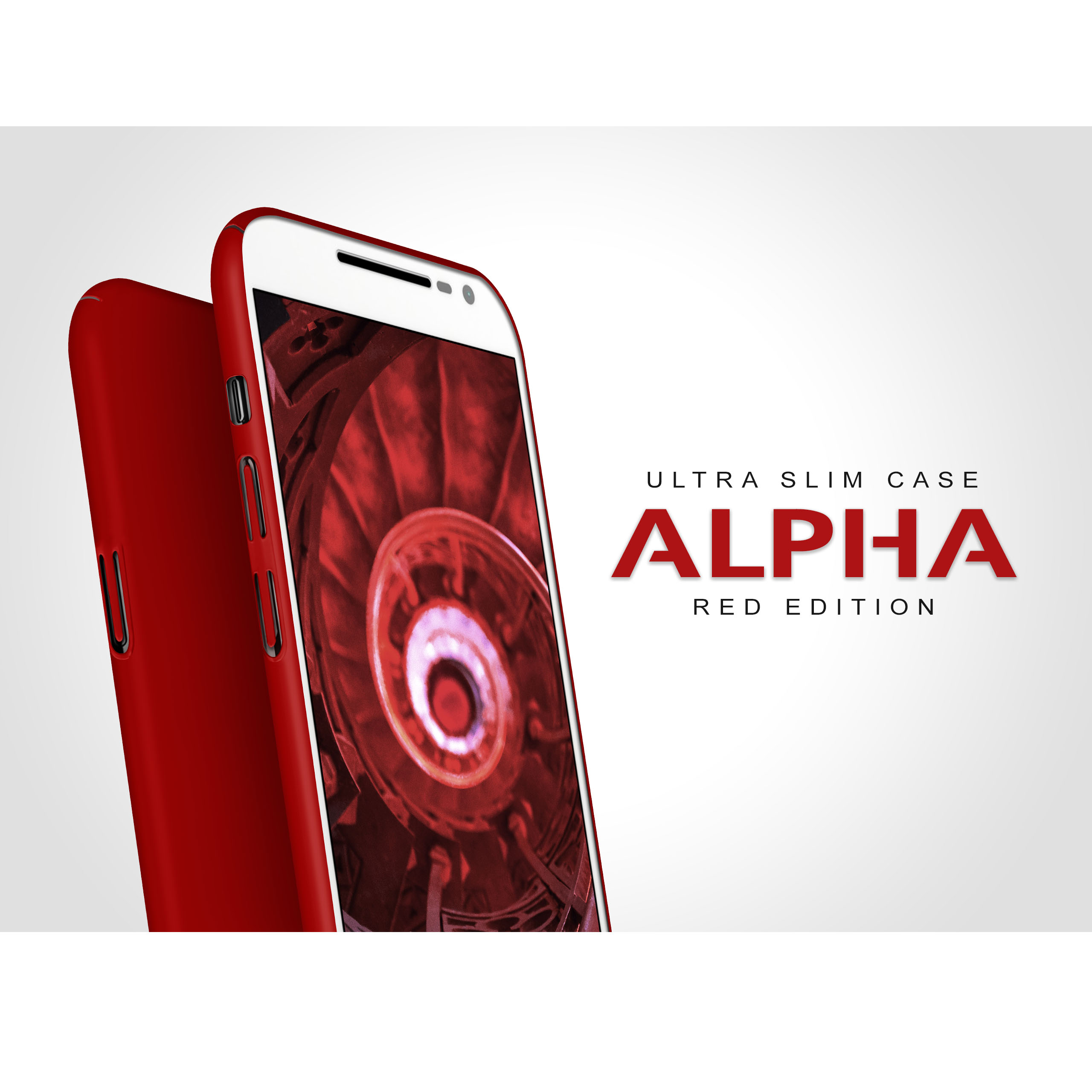 Rote Handyhülle, rotes Innendesign, Text 'ALPHA RED EDITION'.