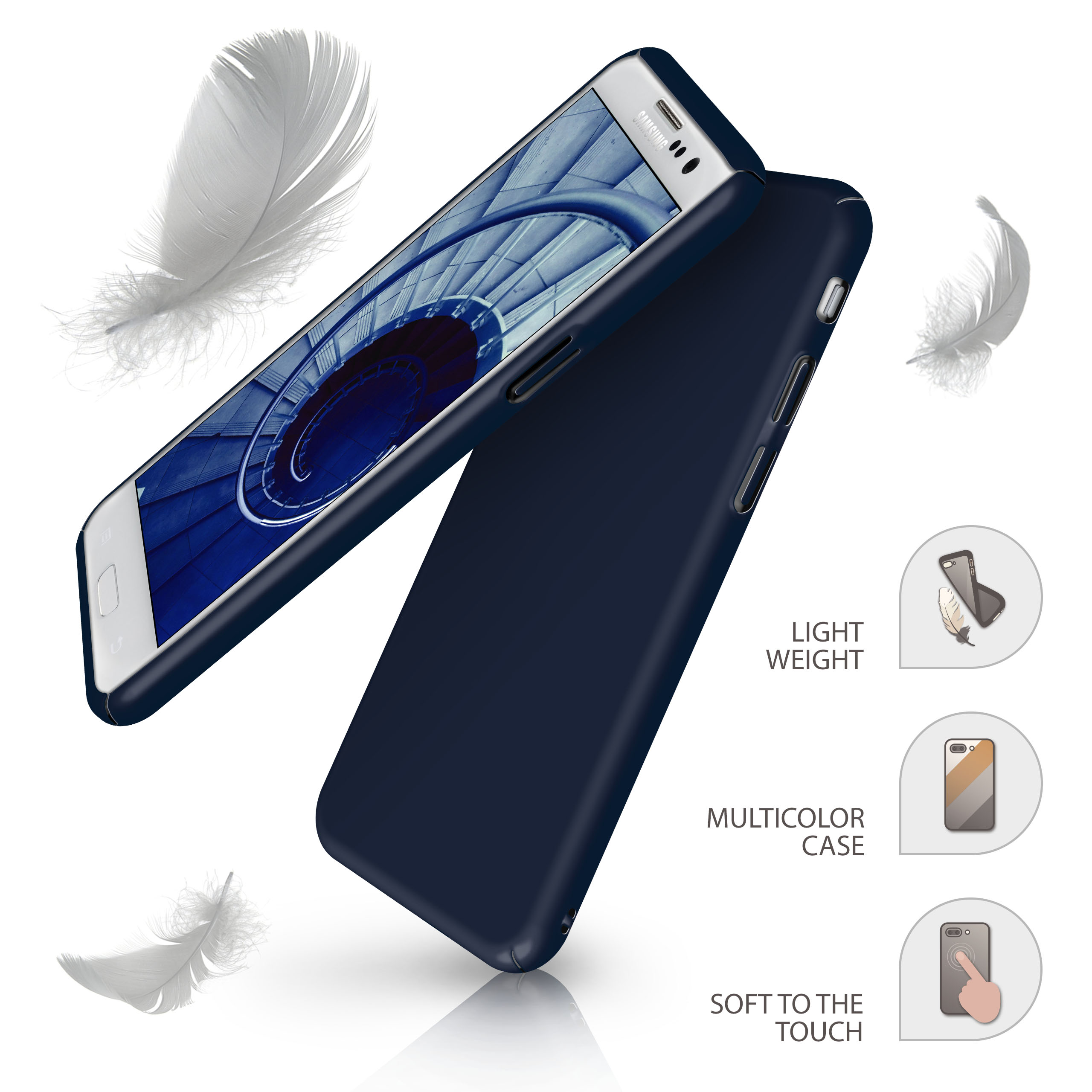 Blaue Handyhülle mit weißem Telefon. Federn im Hintergrund, leicht und weich.