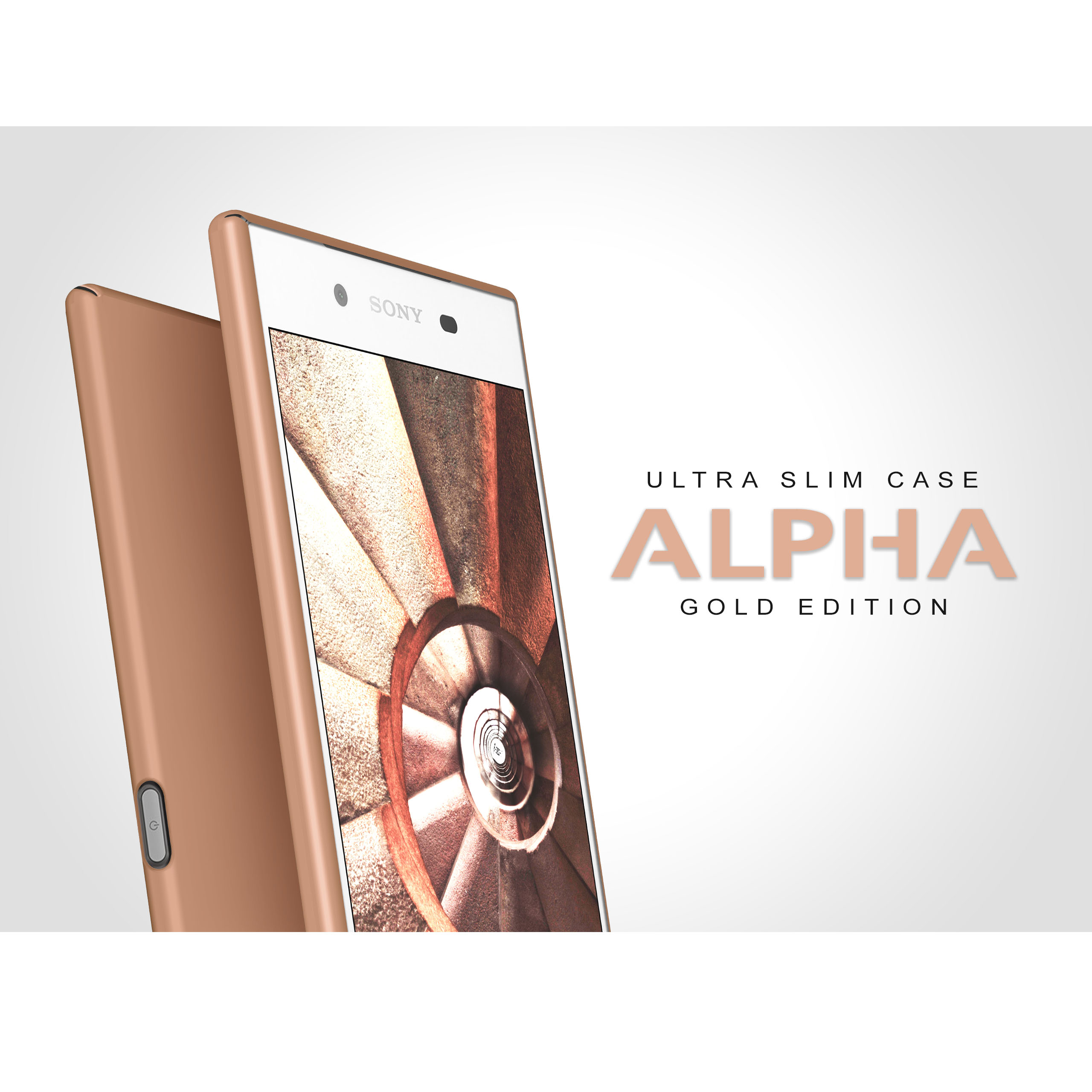Goldenes Telefon mit Hülle, Spirale im Hintergrund. Text: Ultra schlanke Hülle, Alpha Gold Edition.