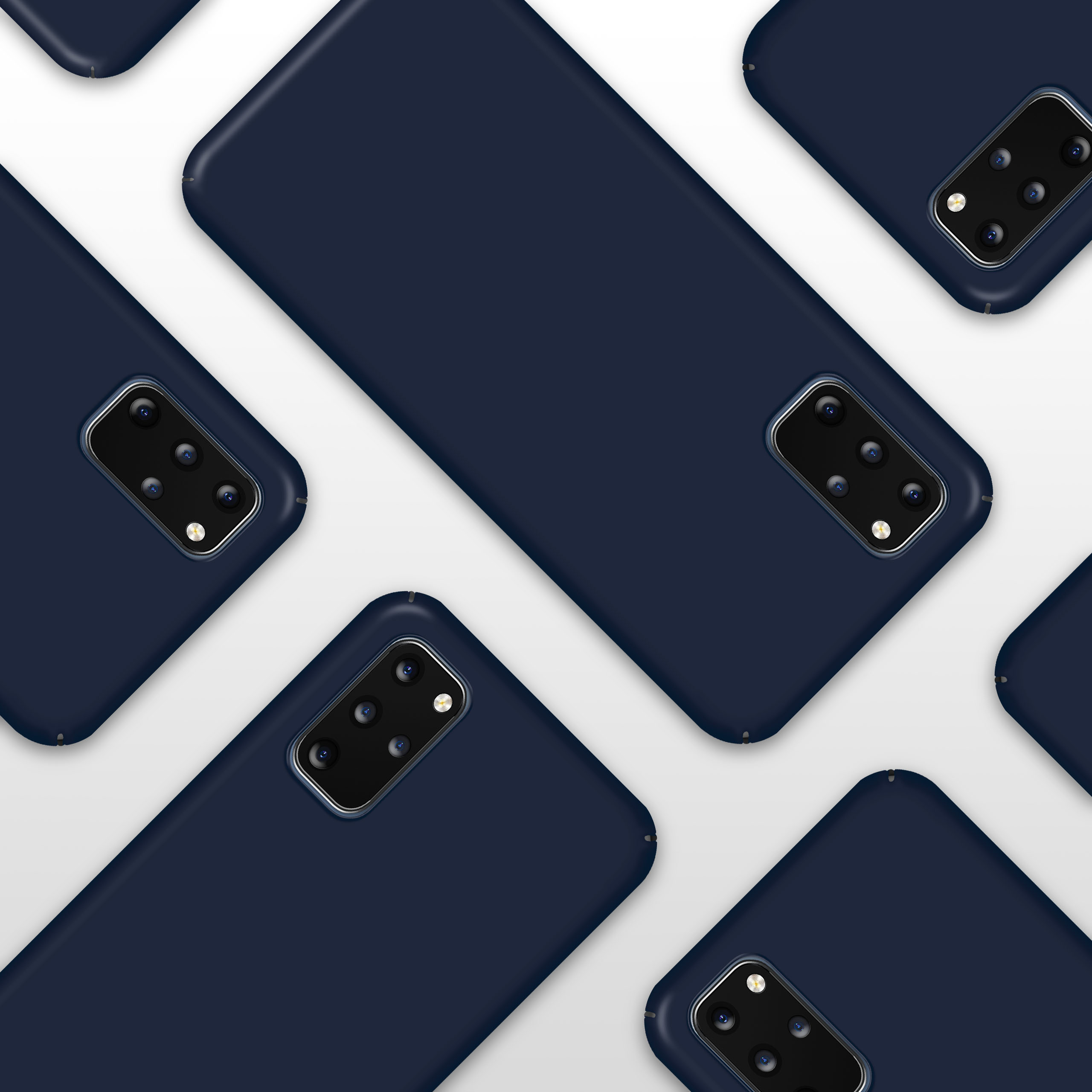 Mehrere marineblaue Telefonrückseiten sind diagonal auf einer weißen Oberfläche angeordnet, Kamera sichtbar.